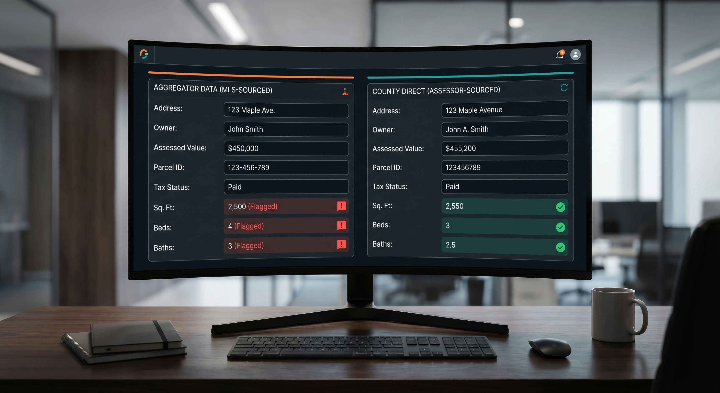 Data dashboard comparing aggregator supply chain vs county-direct property records