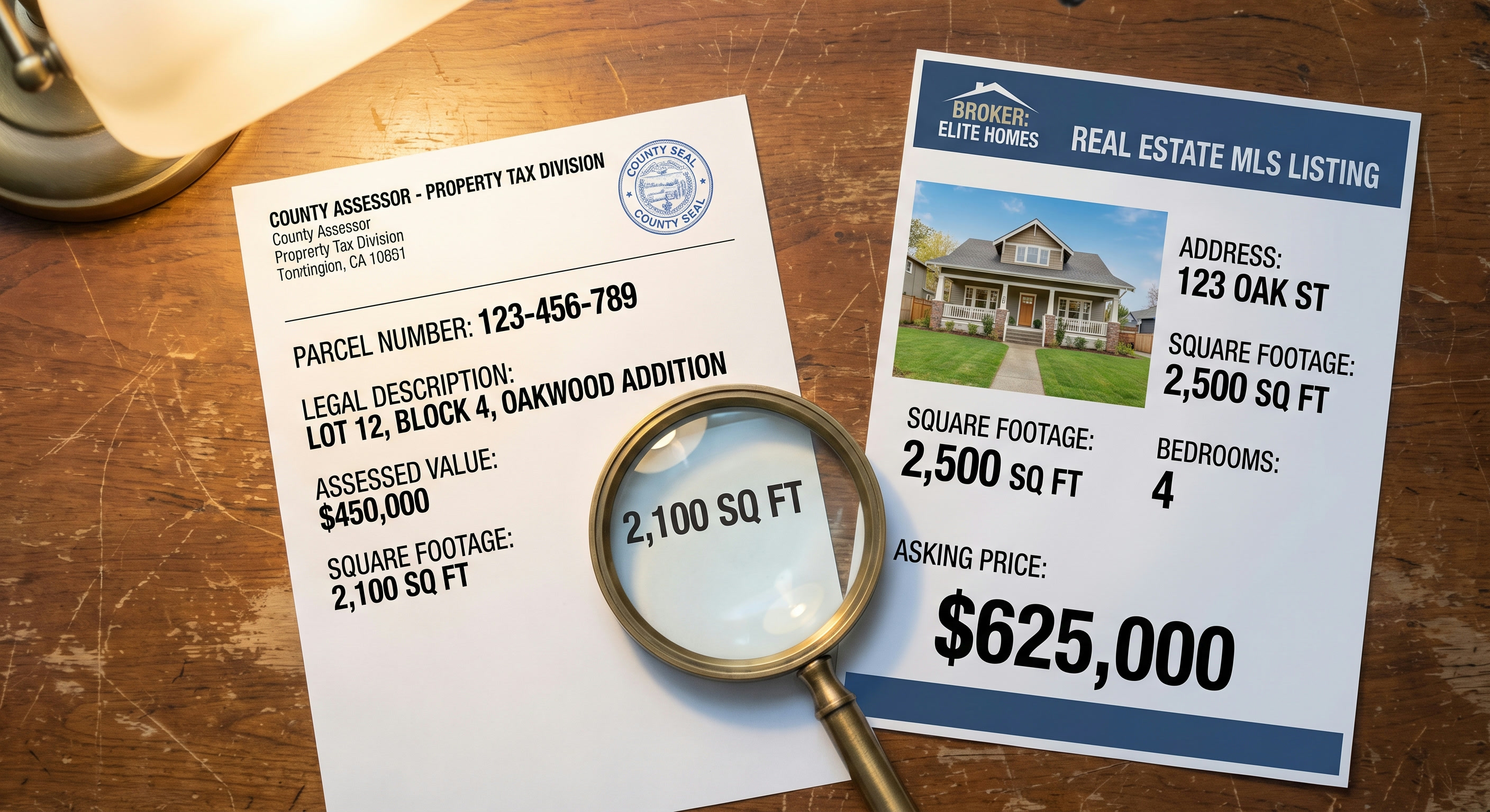 County assessor record and MLS listing printouts showing conflicting square footage