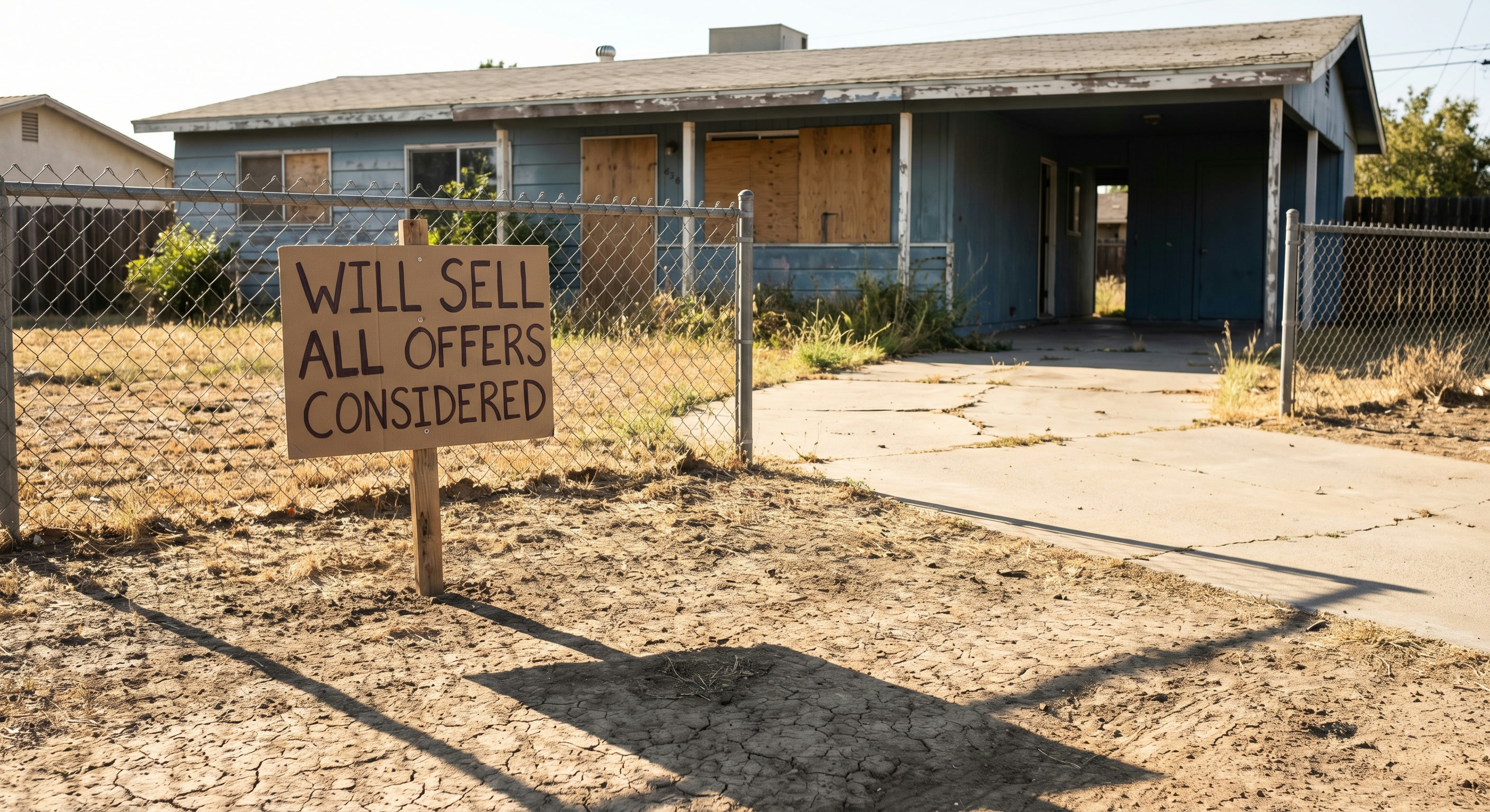 Distressed vacant property with motivated seller sign in front yard