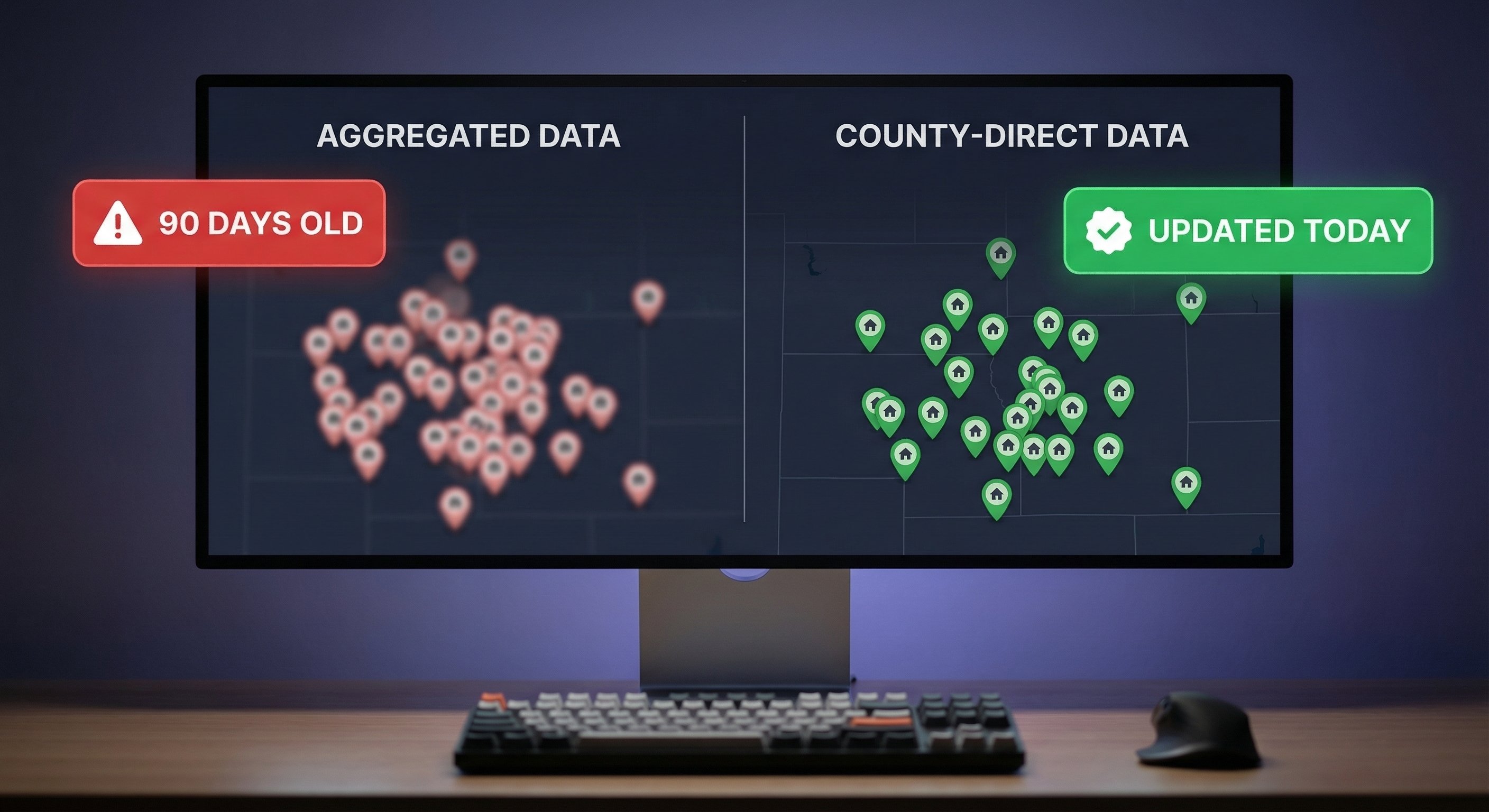 A stylized comparison dashboard showing two columns: "Aggregated Data" with a 90-day stale indicator and red alert icon, versus "County-Direct Data" with a green "Updated Today" badge and verified checkmark. Dark modern UI, screen glow lighting.