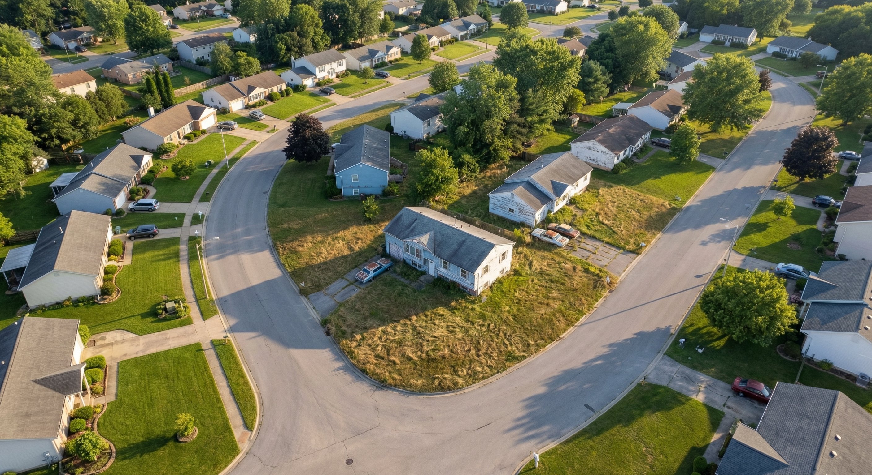 A photorealistic aerial drone photograph from 400 feet, looking slightly downward at a mixed residential neighborhood. Some homes show well-maintained lawns, while others show visible signs of neglect—overgrown grass, peeling paint, an older vehicle in the driveway. Suburban sprawl, late afternoon light. Shot on DJI Mavic 3.