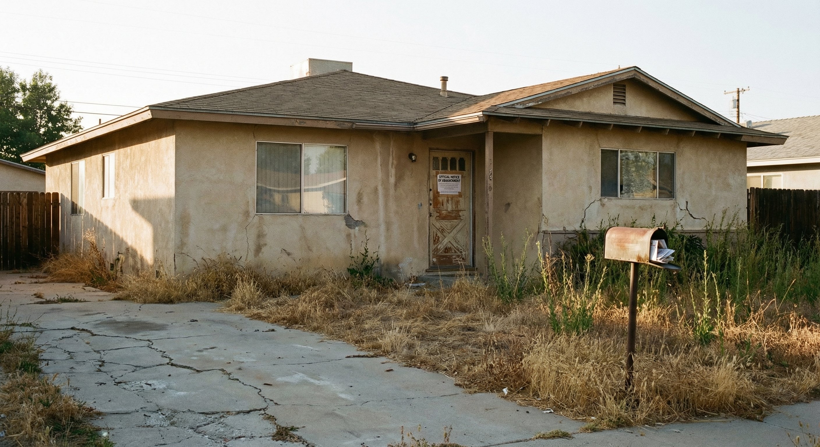 A photorealistic street-level photograph of a 1970s ranch home with tan stucco exterior, overgrown front yard with dead grass patches, a faded notice posted on the front door, mail overflowing from the mailbox. Afternoon light, quiet suburban street. Shot on 35mm lens. Real estate documentary photography.