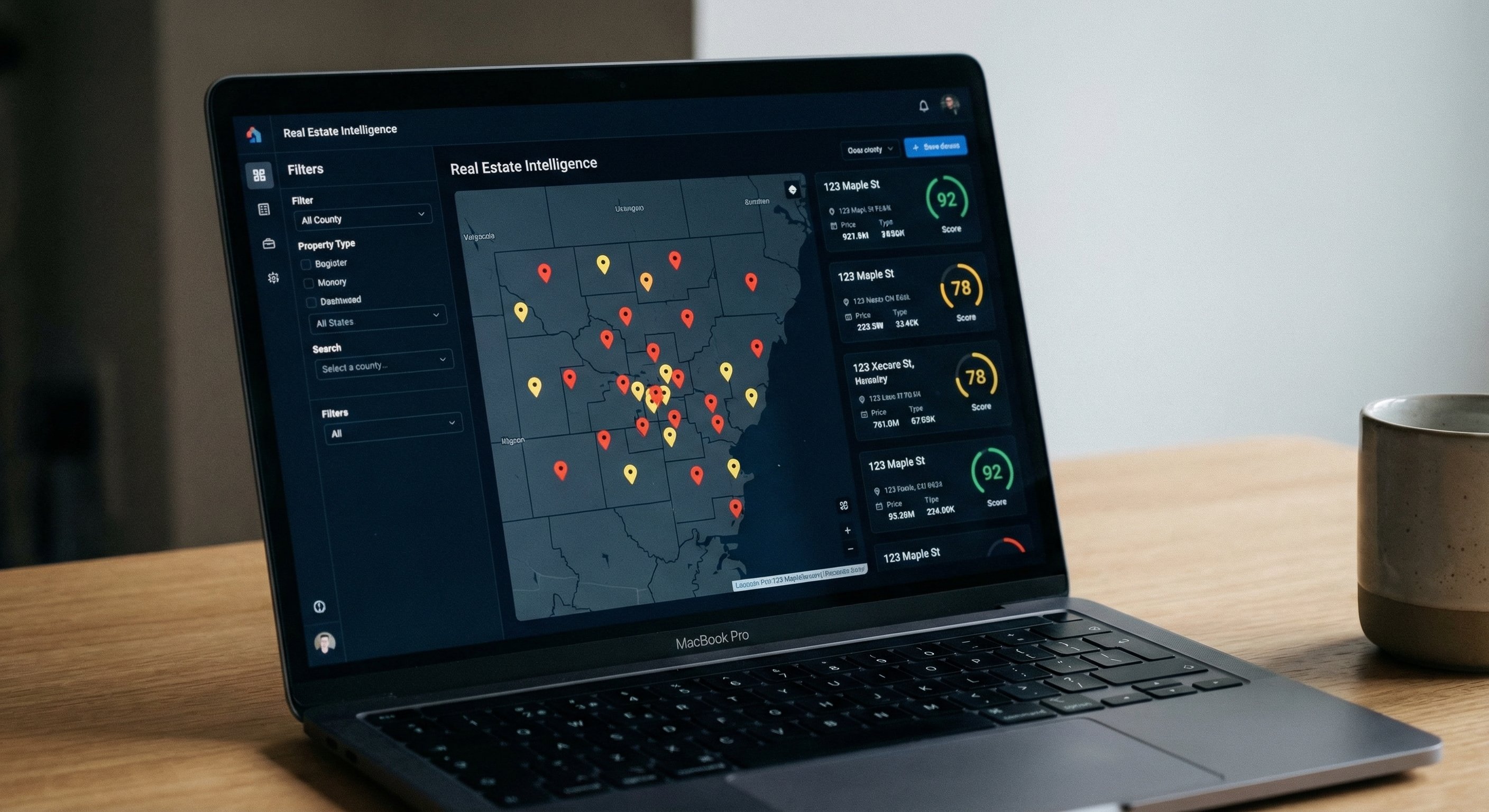 A photorealistic photograph of a modern laptop displaying a dark-themed real estate dashboard with a county map overlaid with color-coded pins (red = high motivation, yellow = medium), data cards showing property details and motivation scores, and filter panels on the left side. Clean desk, minimal setup, screen glow as primary light. Shot with 50mm lens, shallow depth of field. Technology photography.