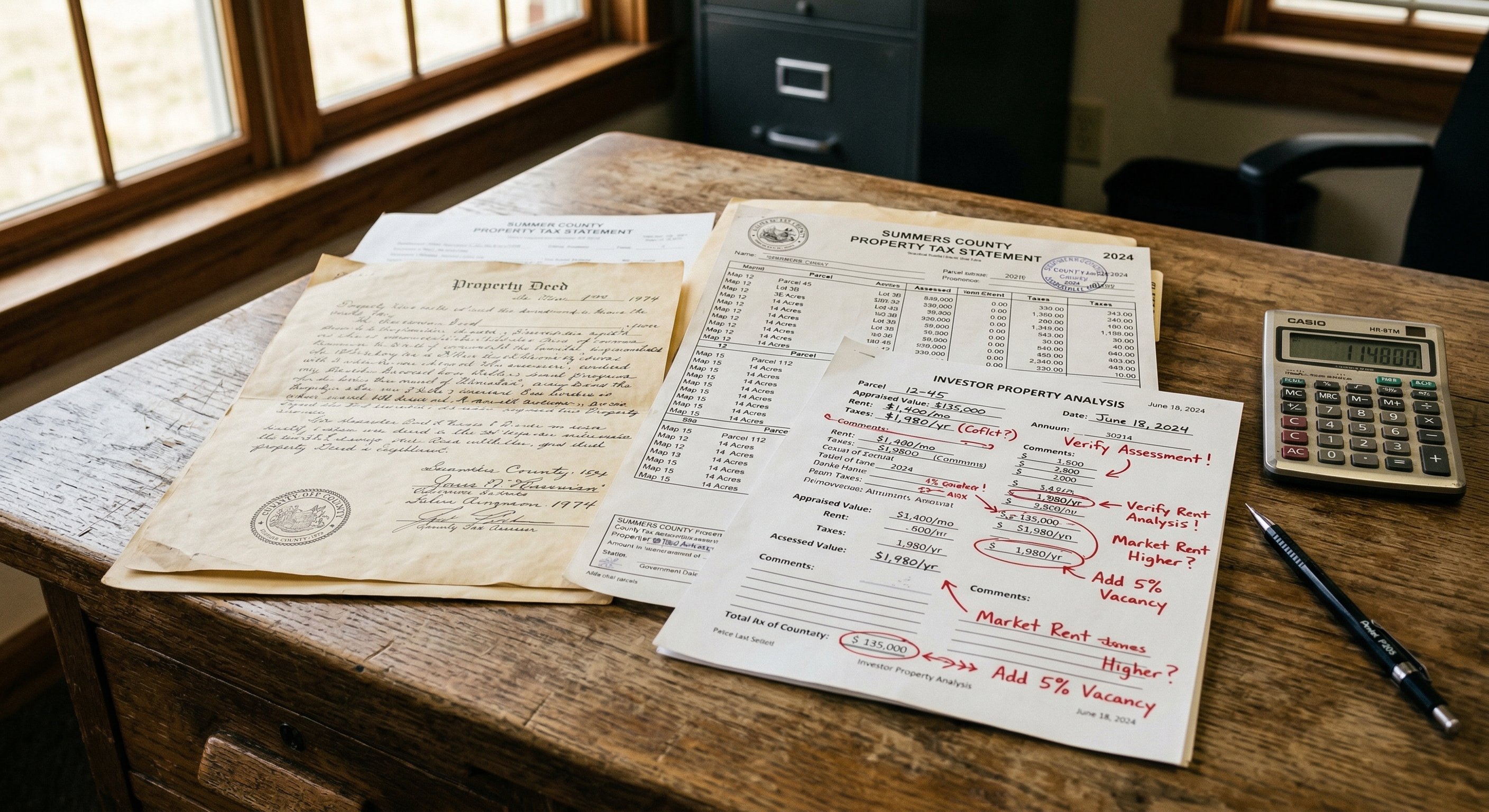 County tax assessor records, a printed property analysis worksheet with handwritten notes, and a calculator spread across a weathered oak desk — natural window light from the left, shallow depth of field, editorial documentary photography
