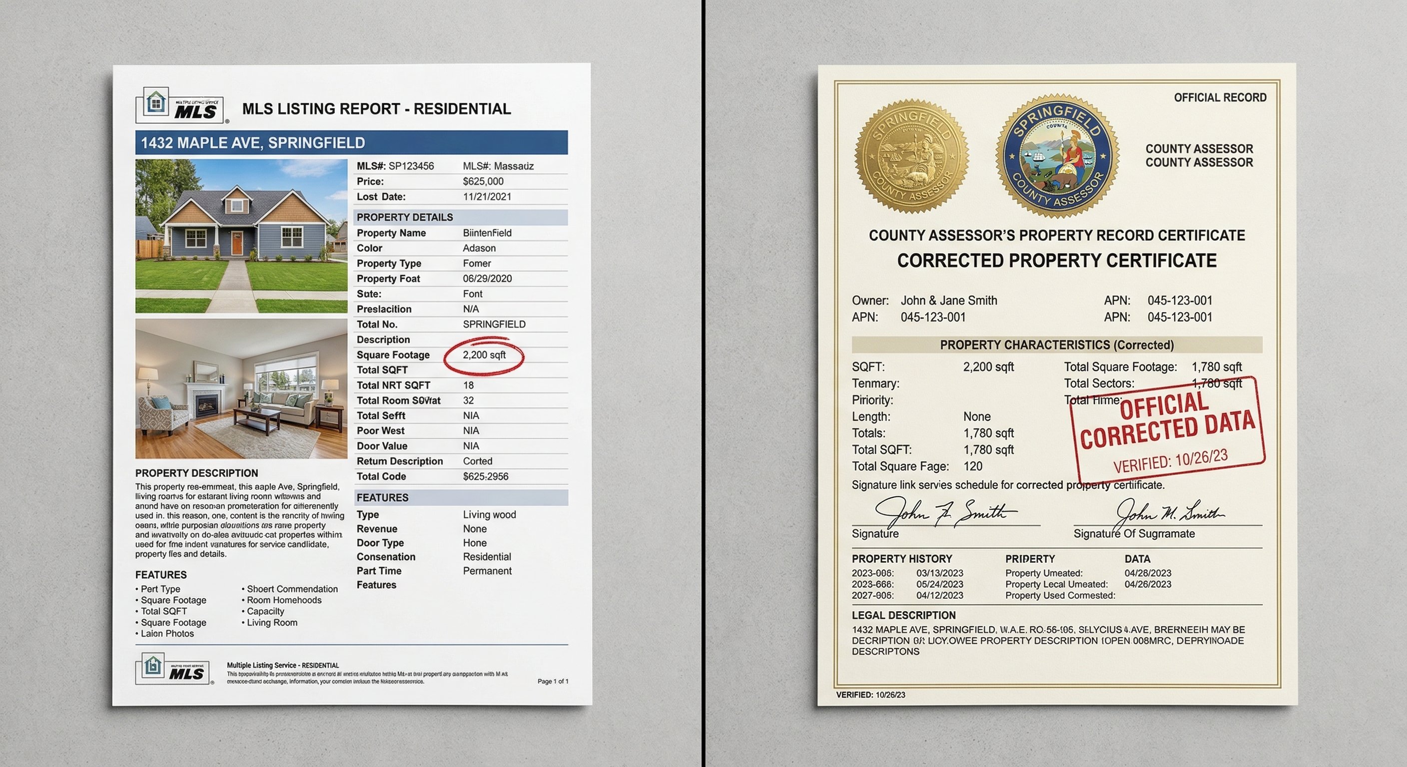 Split composition showing two documents side by side: left side is a highlighted MLS listing with red-circled inflated square footage of 2,200 sqft, right side is the official county assessor certificate showing the correct 1,780 sqft — clean, documentary-style flat lay on a light gray surface, top-down shot, editorial photography
