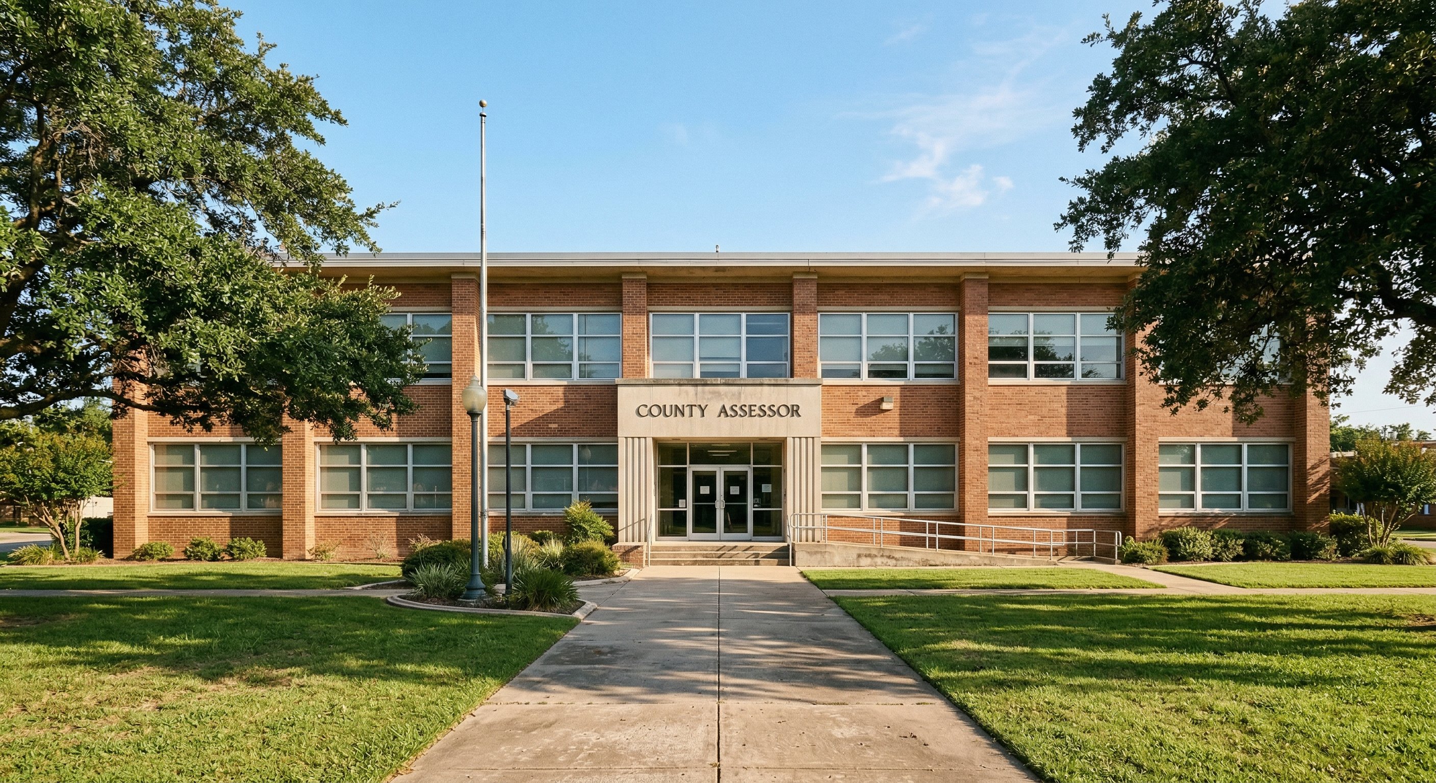 Exterior of a county assessor and tax collector office — brick government building, clean official signage reading "County Assessor" over double glass doors, tree-lined walkway, clear blue afternoon sky, documentary photography with wide-angle lens