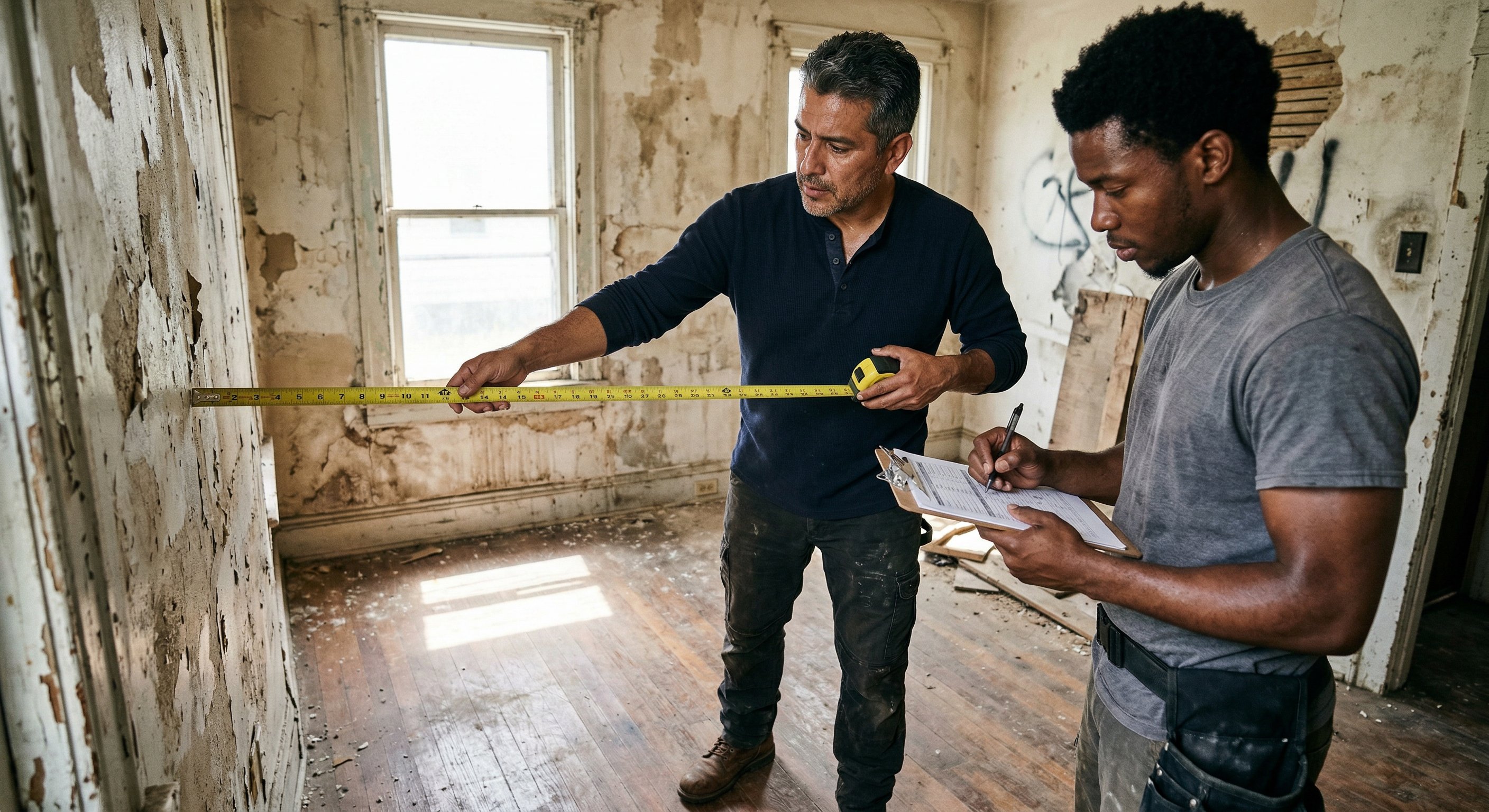 Real estate investor in his 40s with graying temples and work boots, holding a tape measure with his arm extended along a wall in a vacant distressed house, contractor with clipboard in the background, natural light through bare windows, photorealistic documentary style, shot with 35mm lens, shallow depth of field