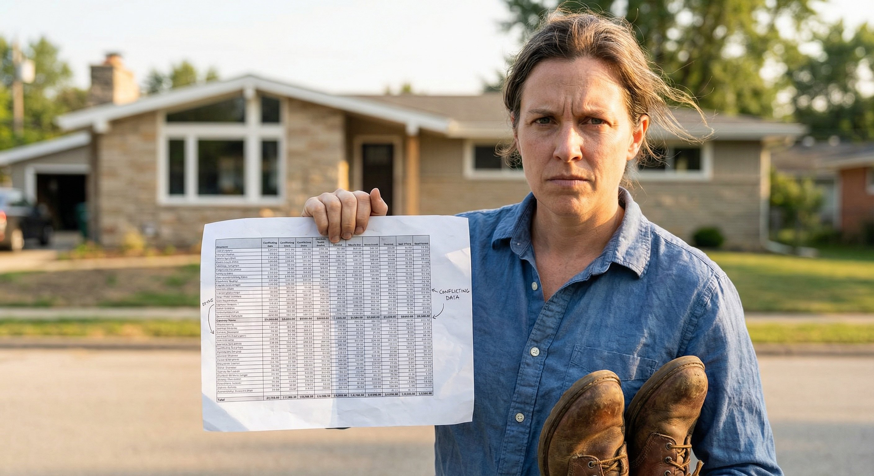 A real estate investor in work boots and casual button-down shirt standing outside a suburban mid-century ranch home, holding a printed spreadsheet with conflicting data, looking frustrated. Golden afternoon light. Editorial documentary photography.
