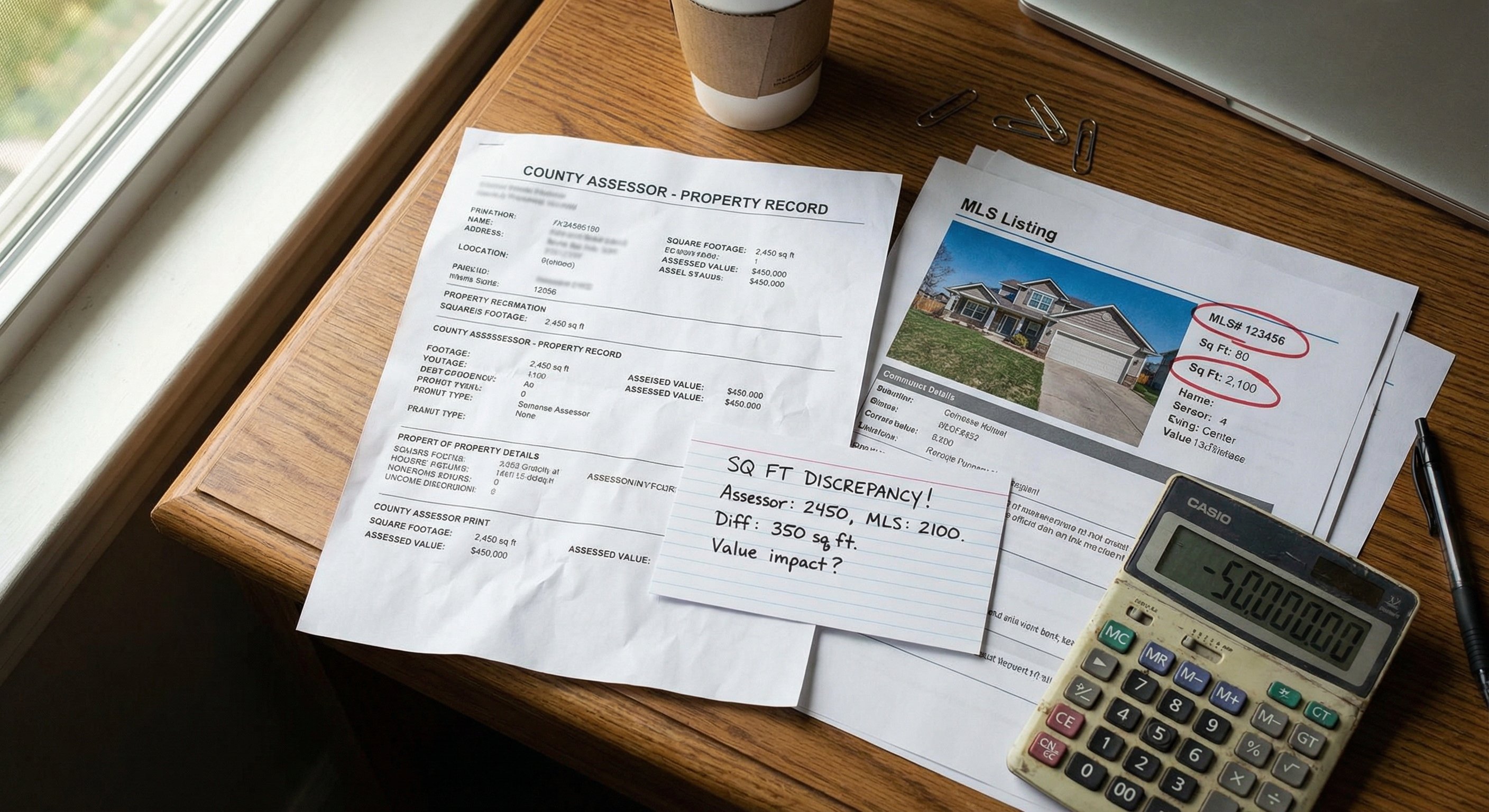 Flat-lay desk photograph showing county assessor printout with square footage data, MLS listing with different numbers highlighted in red marker, handwritten analysis notes, and a calculator showing a loss calculation. Natural office lighting. Documentary photography.