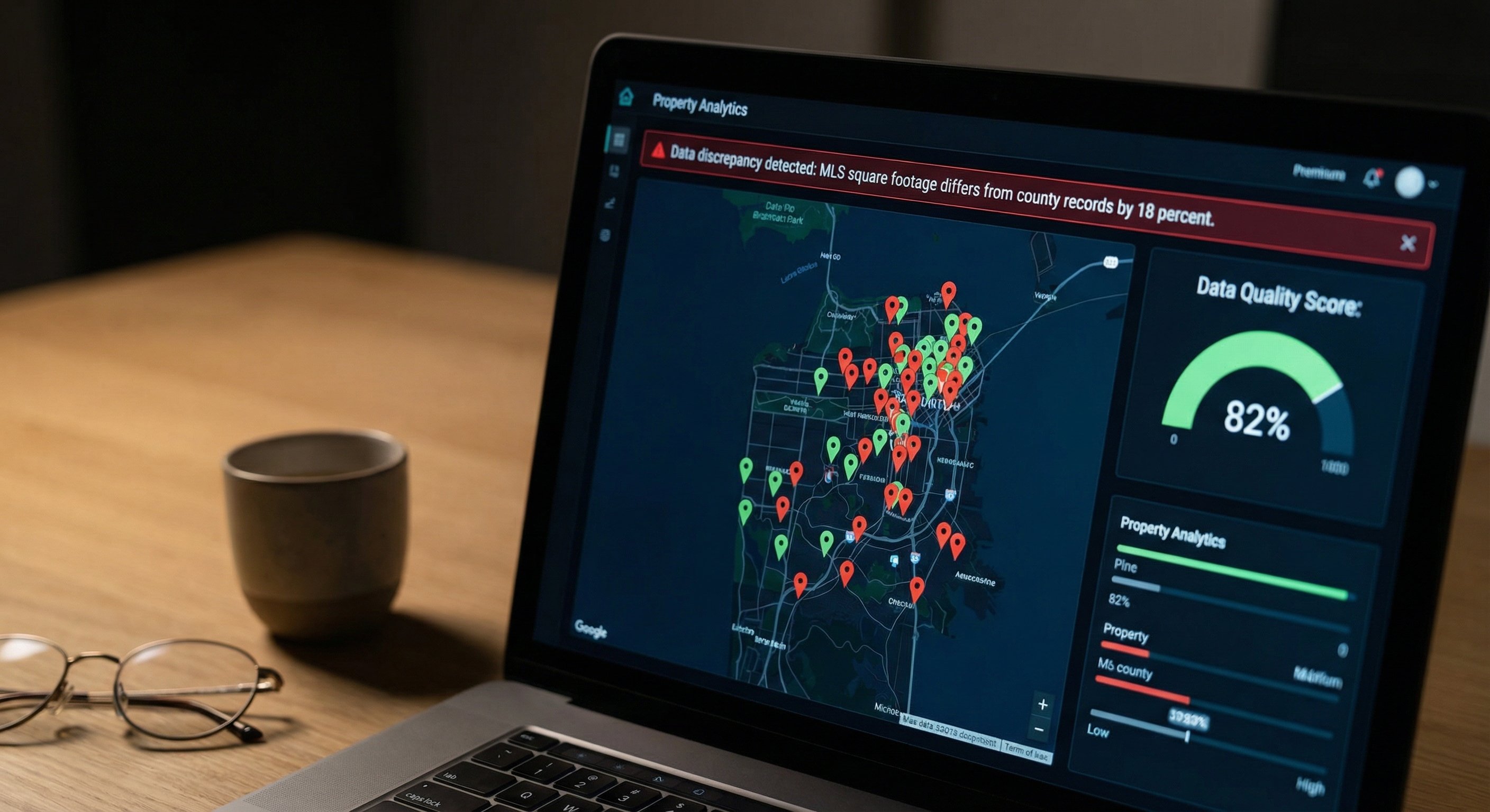 Modern laptop screen displaying a property analytics dashboard with map view, colored property pins, and a data discrepancy notification showing MLS square footage differs from county records by 18 percent. Dark-themed UI, technology product photography.