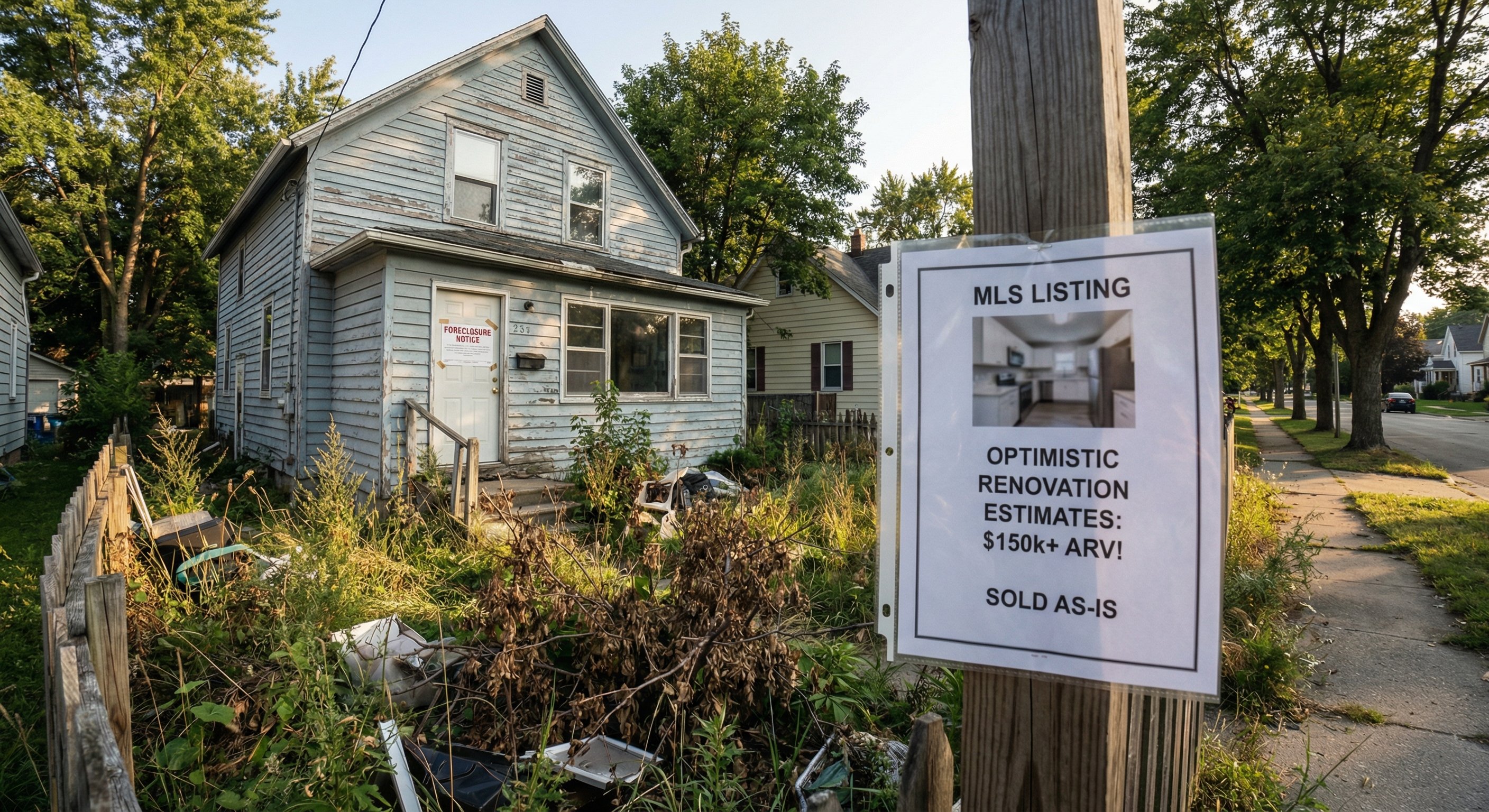 Neglected suburban single-family home with overgrown yard, faded paint, foreclosure notice posted on door, and MLS listing sheet tacked to fence post showing optimistic renovation estimates. Late afternoon light. Real estate documentary photography.