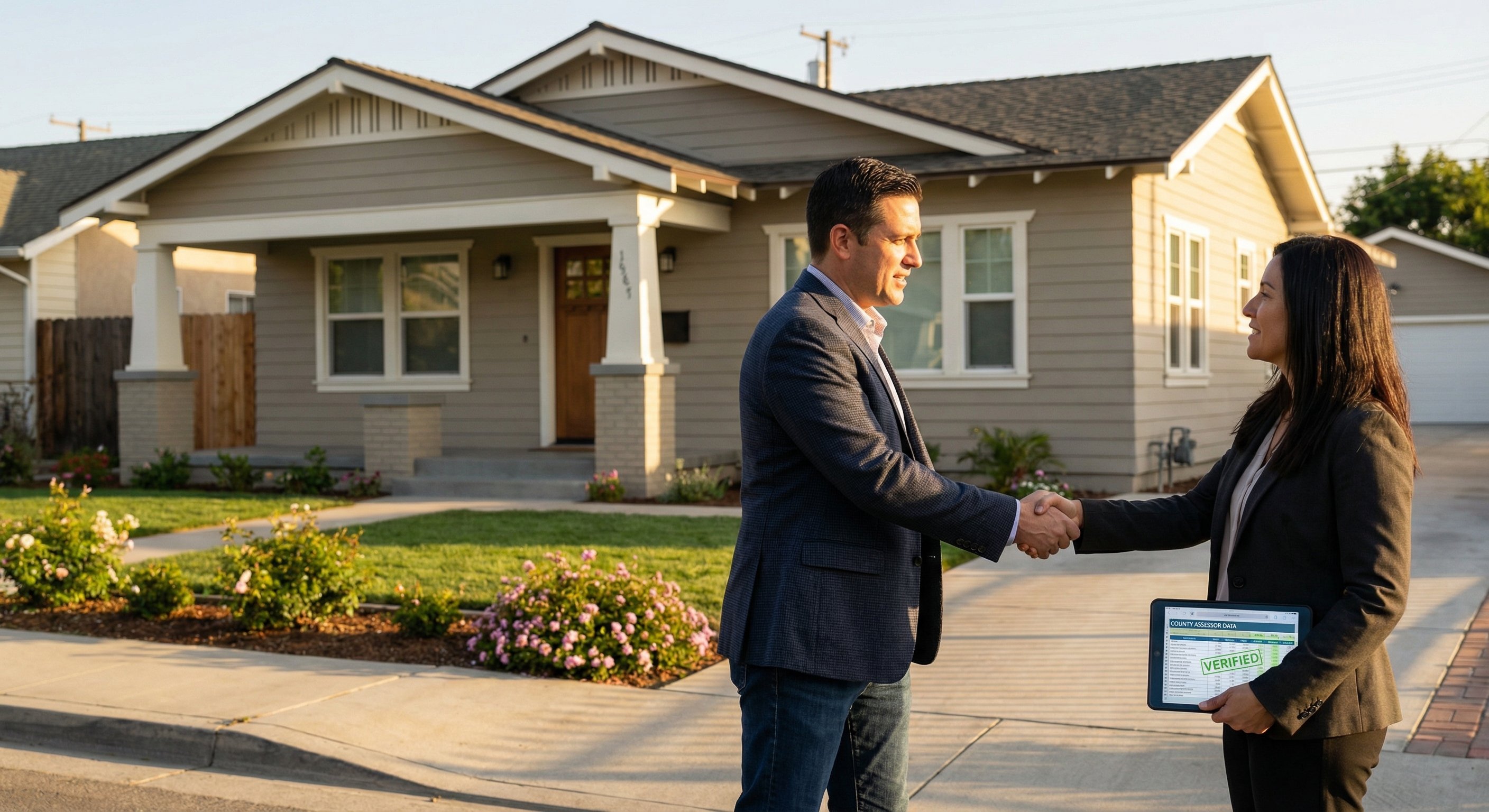 Two professional real estate investors shaking hands outside a clean, recently renovated craftsman home. One holds a tablet displaying verified county assessor data. Afternoon sun with long shadows. Editorial documentary photography with warm color grading.