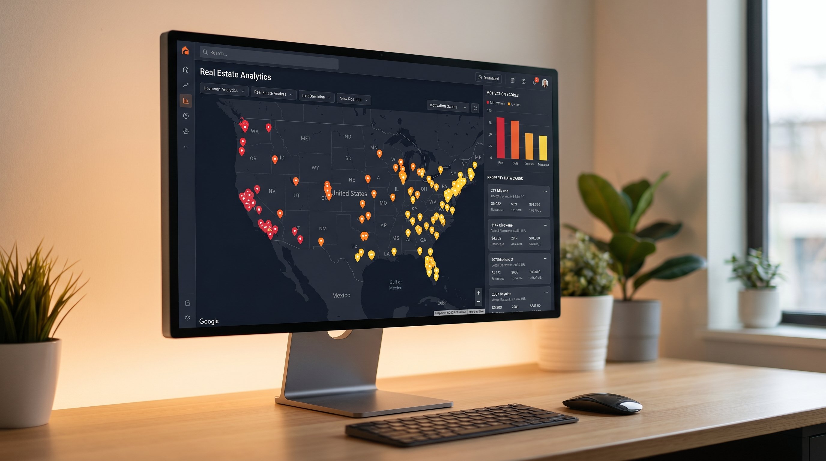 Dark-themed analytics dashboard showing a U.S. map with clustered distressed property pins across multiple signal types — pre-foreclosure, tax delinquent, vacant, and probate — with motivation score overlays on property cards