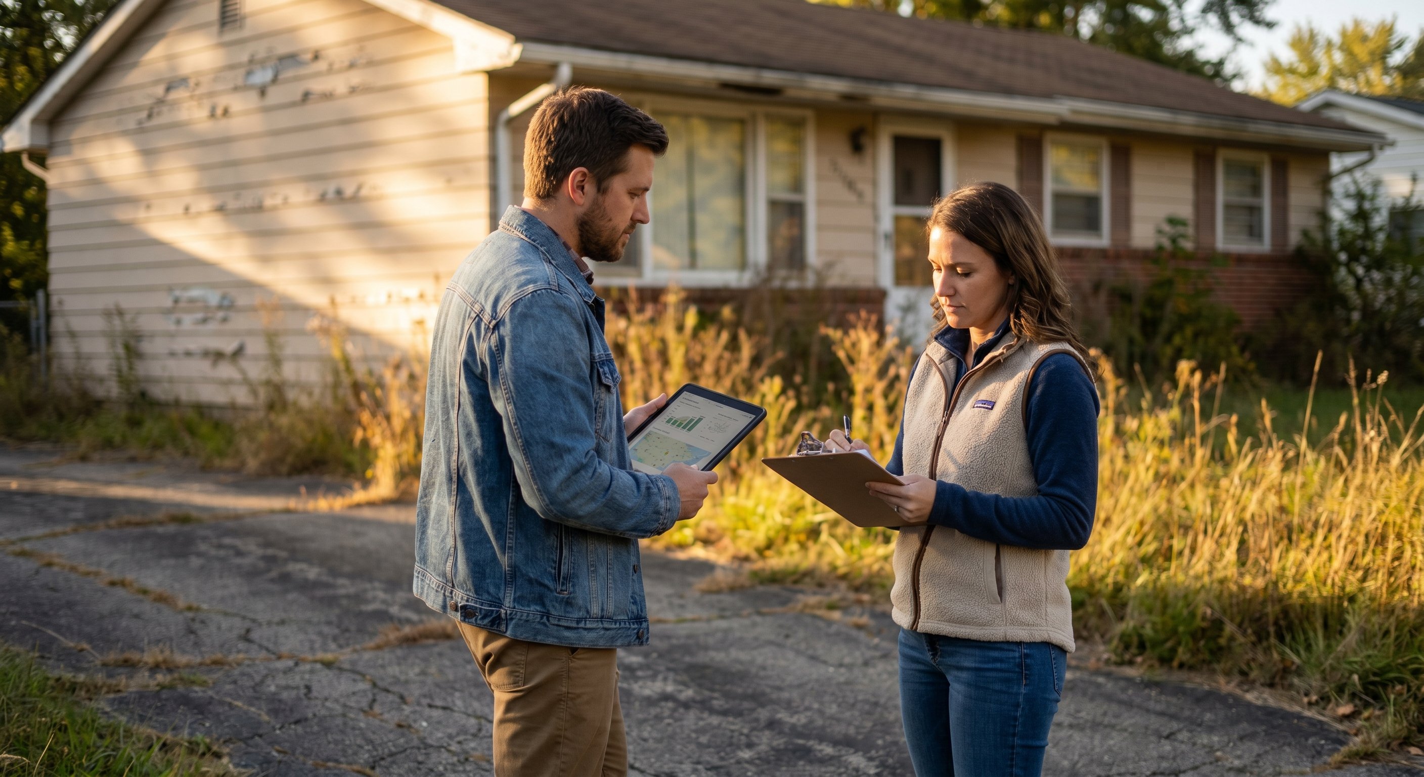 Two real estate investors standing on the driveway of a distressed single-story ranch home with peeling paint and overgrown weeds, one reviewing property data on a tablet