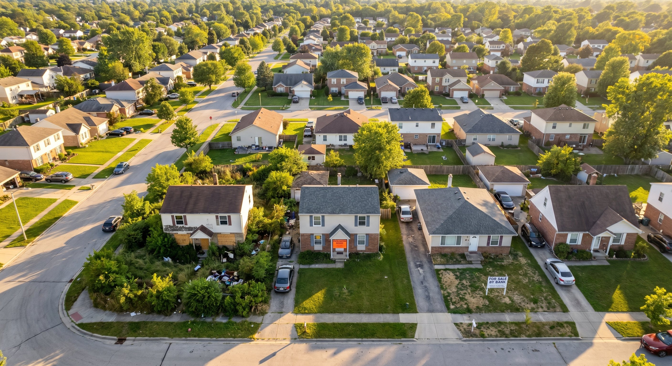 Aerial drone photograph of a suburban neighborhood from 400 feet showing a mix of well-maintained and clearly distressed properties including one with overgrown yard and boarded windows and another with a foreclosure notice visible