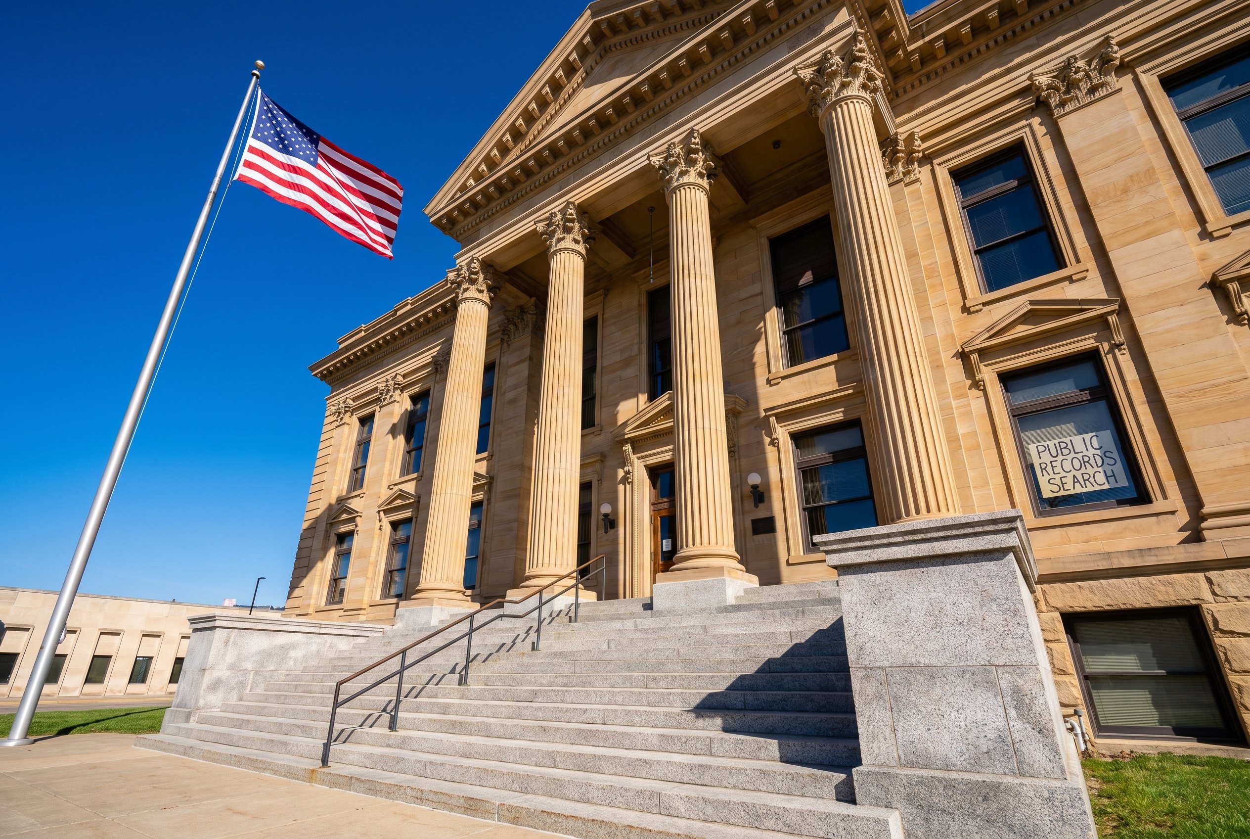 Exterior photograph of a county courthouse with sandstone facade, stone columns, and a public records search poster visible in a side window against a clear blue sky