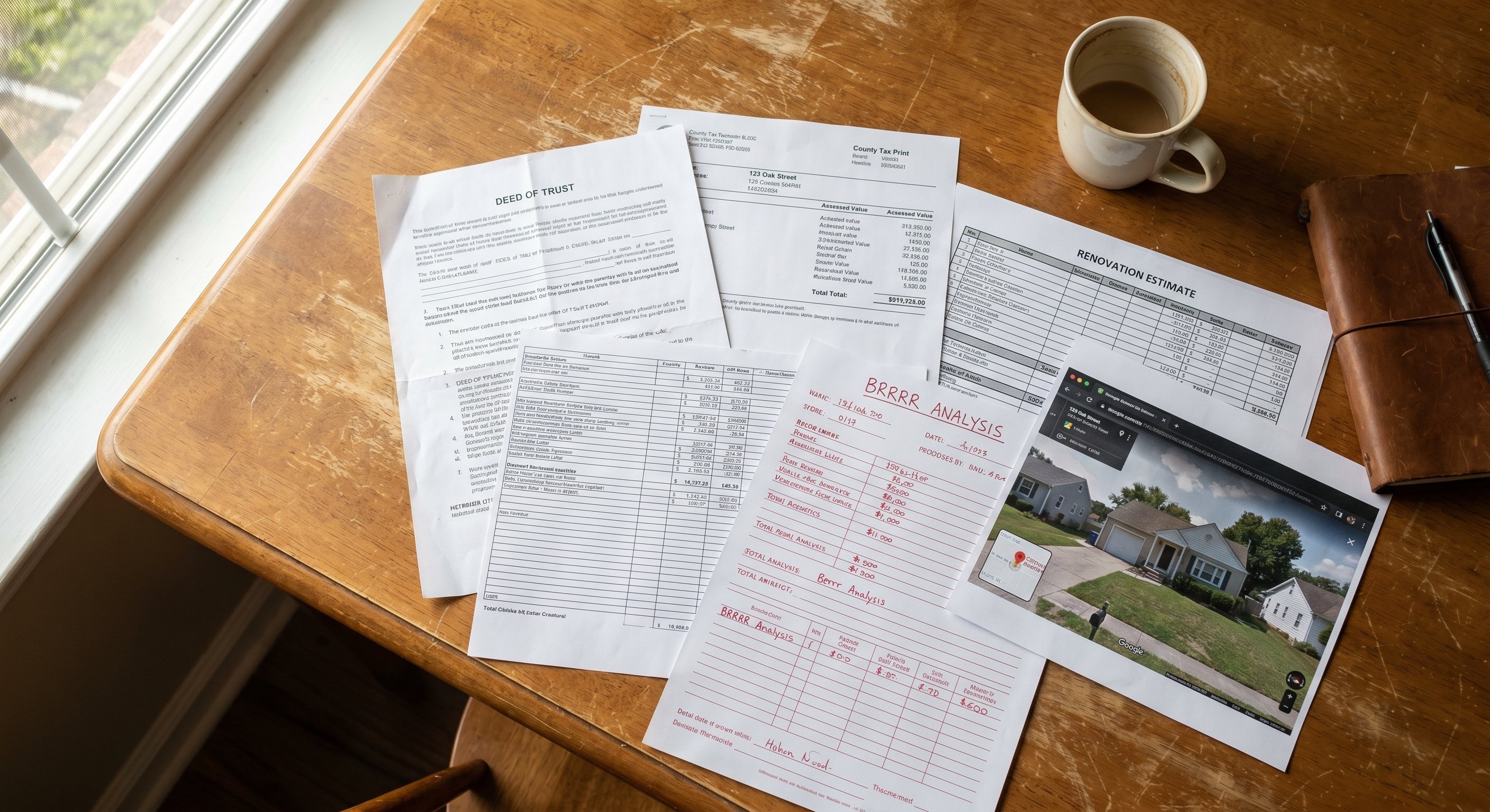 Overhead photograph of a worn kitchen table covered with scattered real estate documents: property deed, county tax assessor printout with assessed values, renovation cost estimate spreadsheet, BRRRR analysis worksheet, and a printed Google Street View screenshot of a suburban home