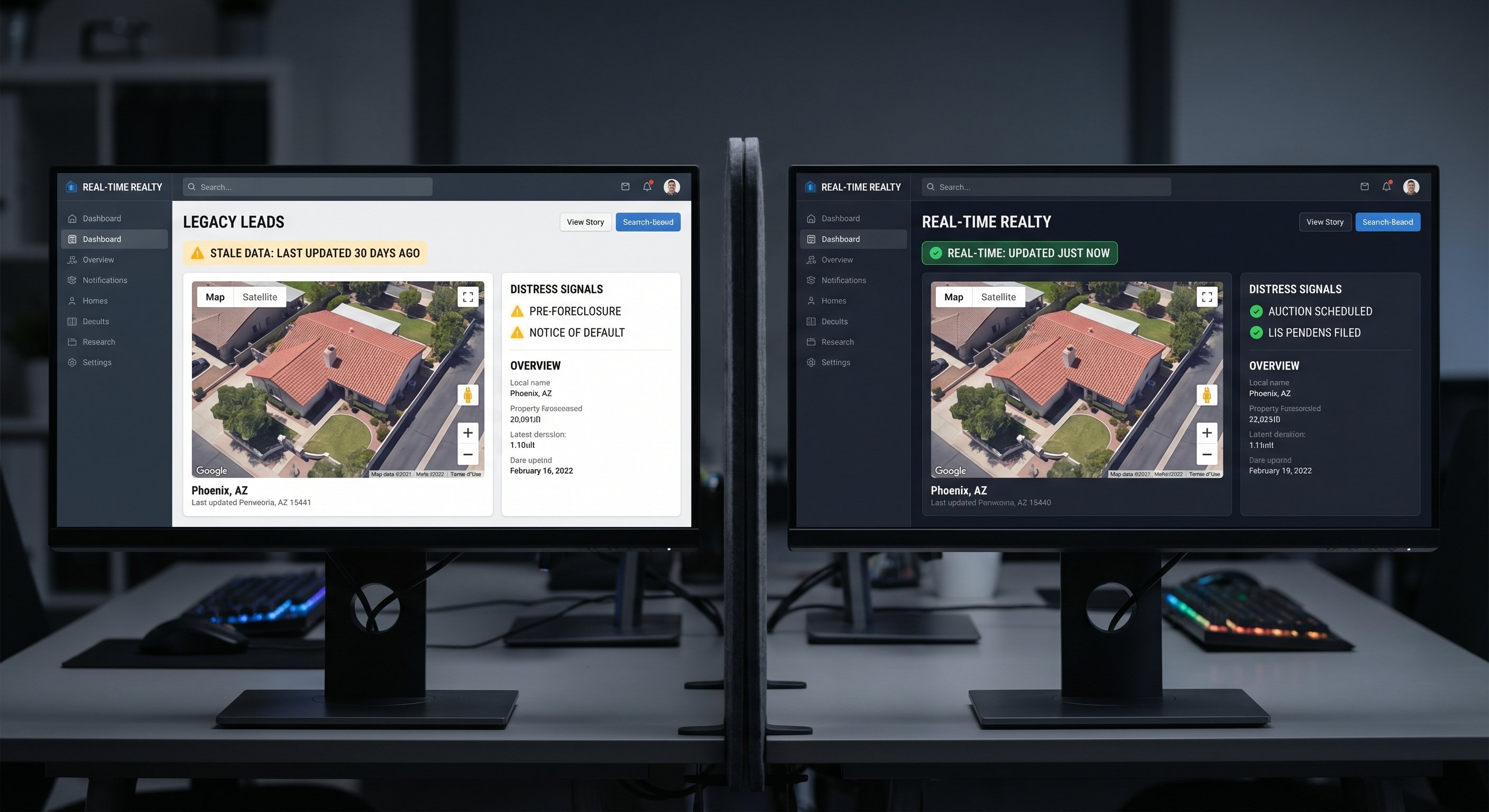 A modern dark-themed real estate intelligence dashboard displaying a property map with colored distress signal pins, heat map overlay, and motivation score data cards across multiple US counties