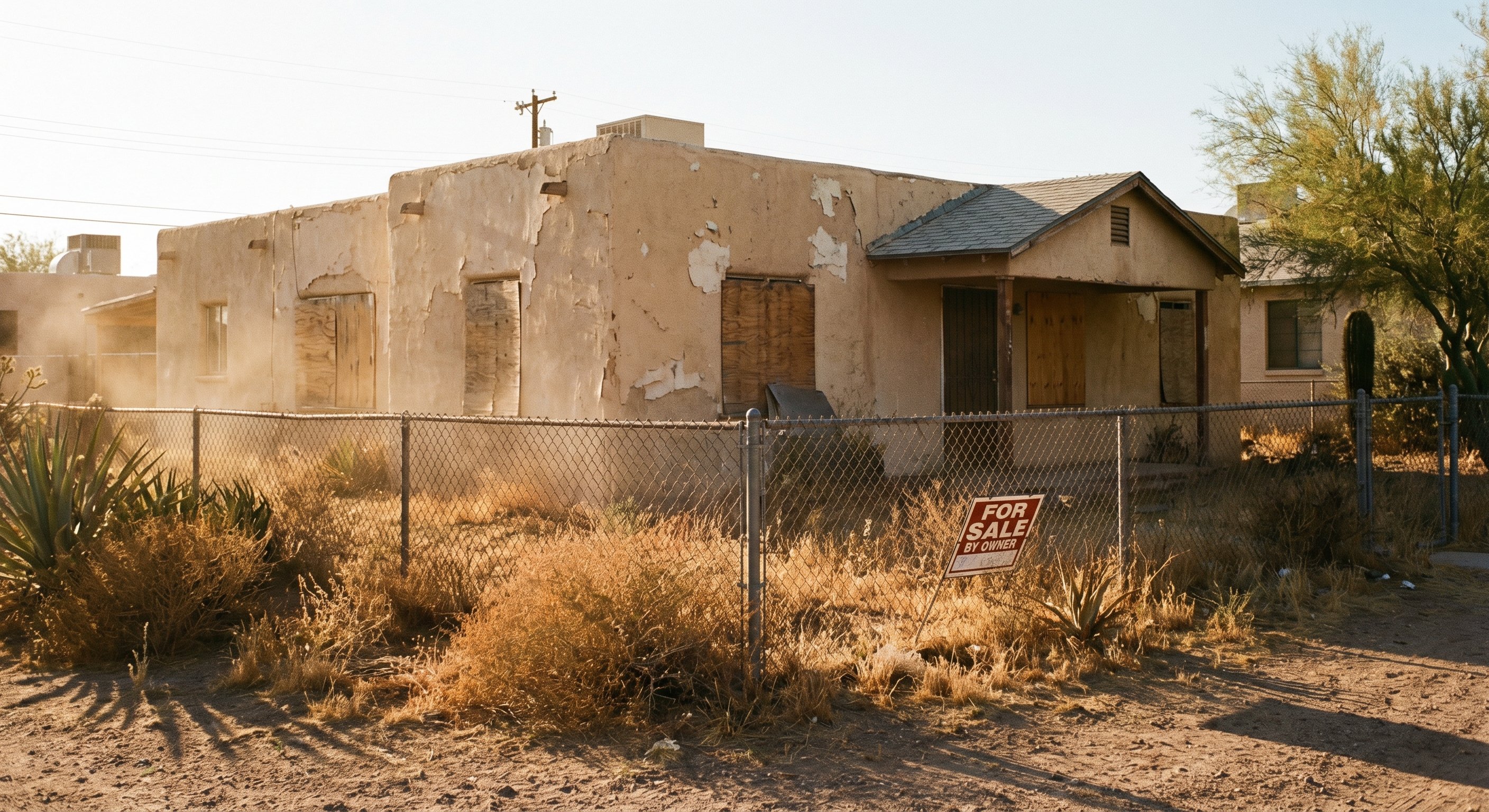 A photorealistic street-level photograph of a vacant residential home with a weathered foreclosure notice on the door, overgrown front lawn with knee-high weeds, peeling paint on the siding, and a cracked concrete driveway, captured at golden hour with warm side lighting, shot on 35mm lens, documentary real estate photography style
