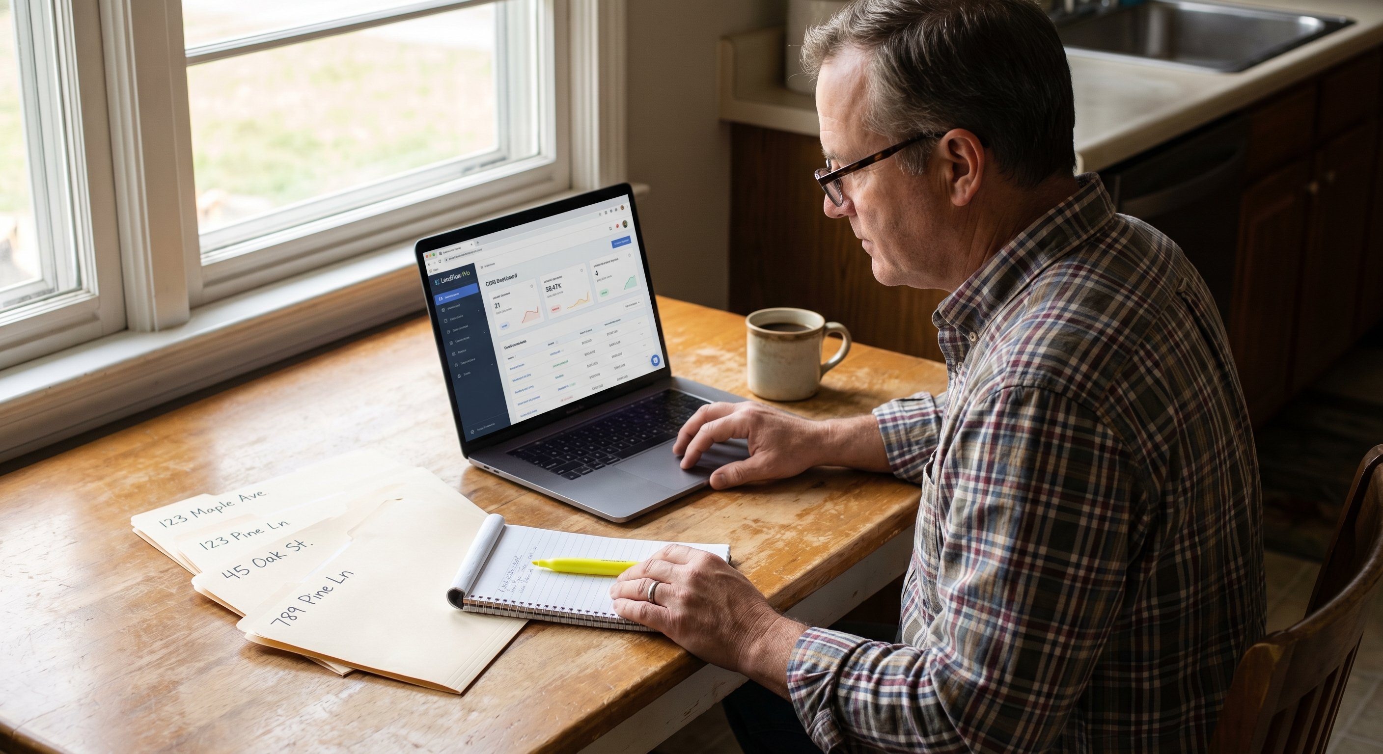 A photorealistic split-composition photograph: left half shows a desk drowning in printed property lists, handwritten notes, and six different browser tabs visible on a monitor; right half shows a clean modern laptop displaying a single streamlined distress intelligence dashboard with a color-coded motivation score overlay on a county map, natural office lighting, documentary editorial photography
