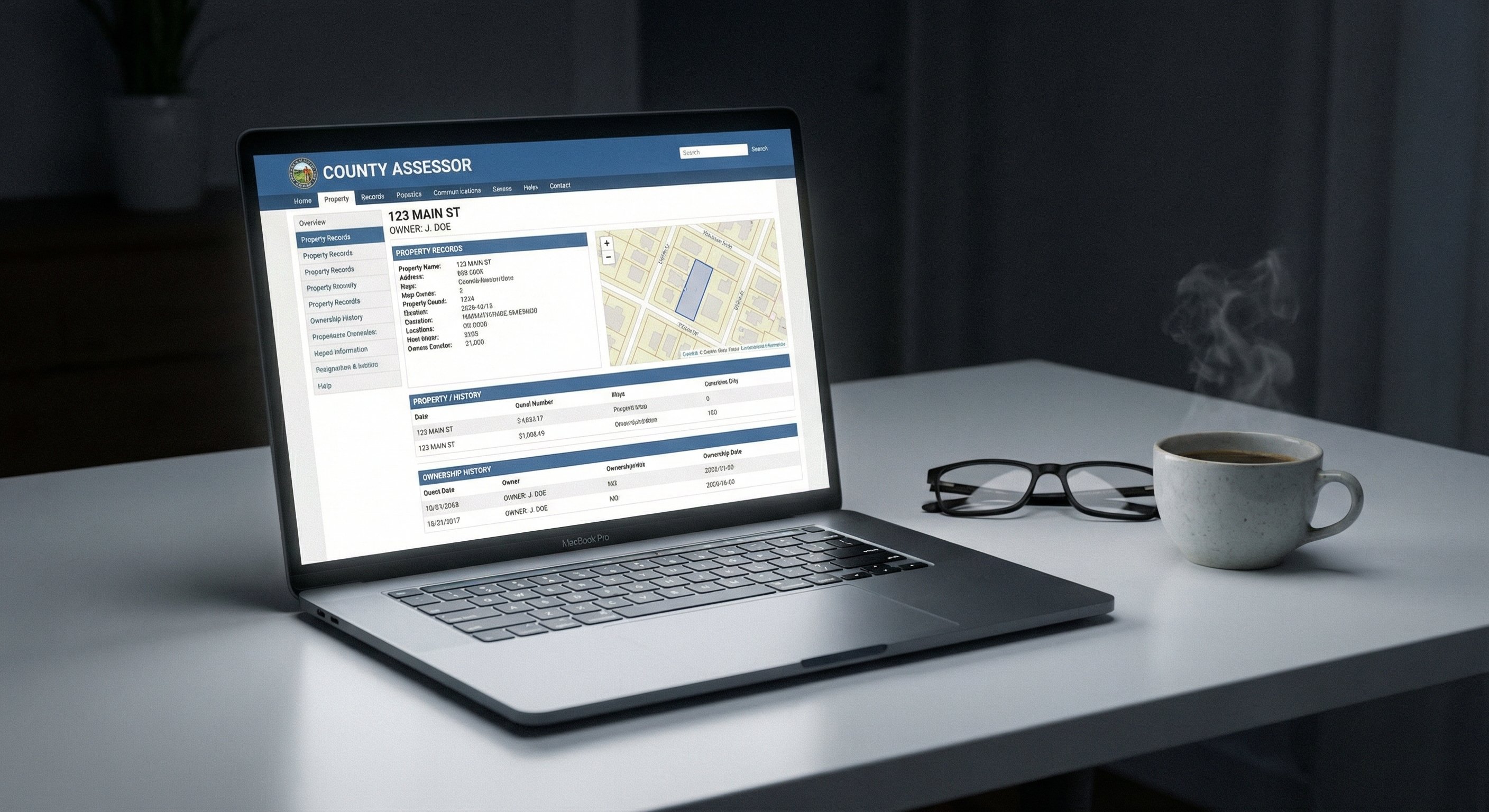 Property data research on a laptop screen showing county assessor records and ownership history