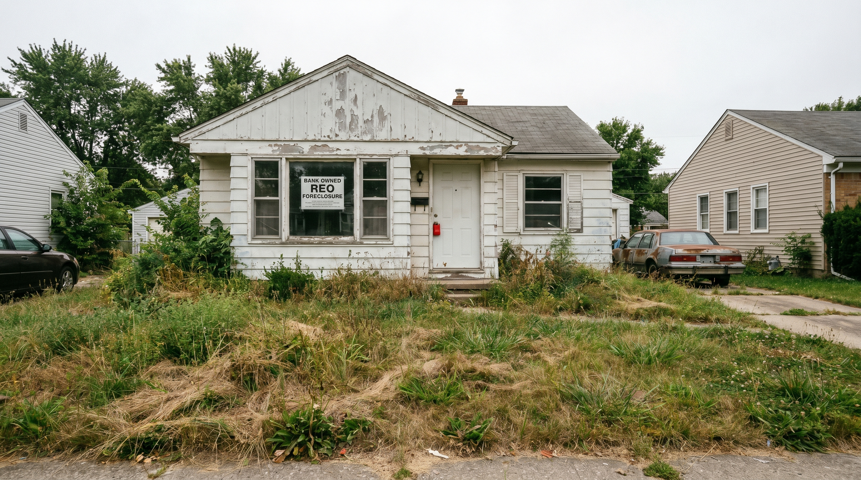 A bank-owned foreclosure property with visible notices on windows, overgrown lawn, and deferred maintenance in a modest suburban neighborhood