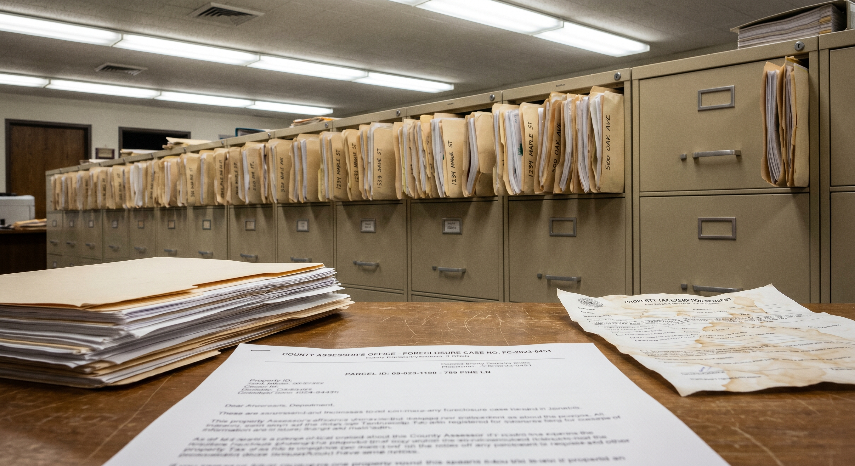 County assessor office filing cabinets with foreclosure property documents and county records on the desk
