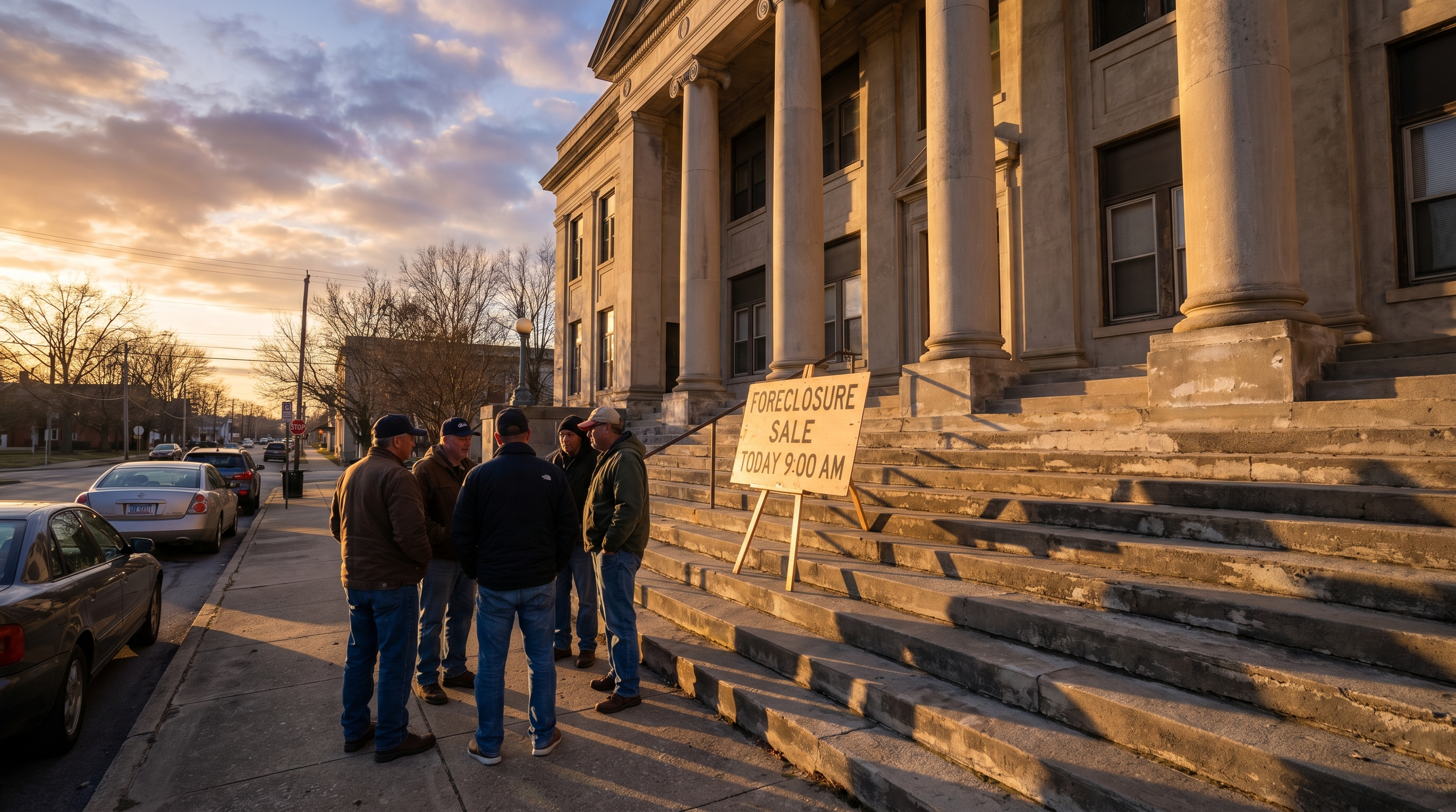 County courthouse steps at sunrise with a foreclosure auction sign and people gathered on the stone facade