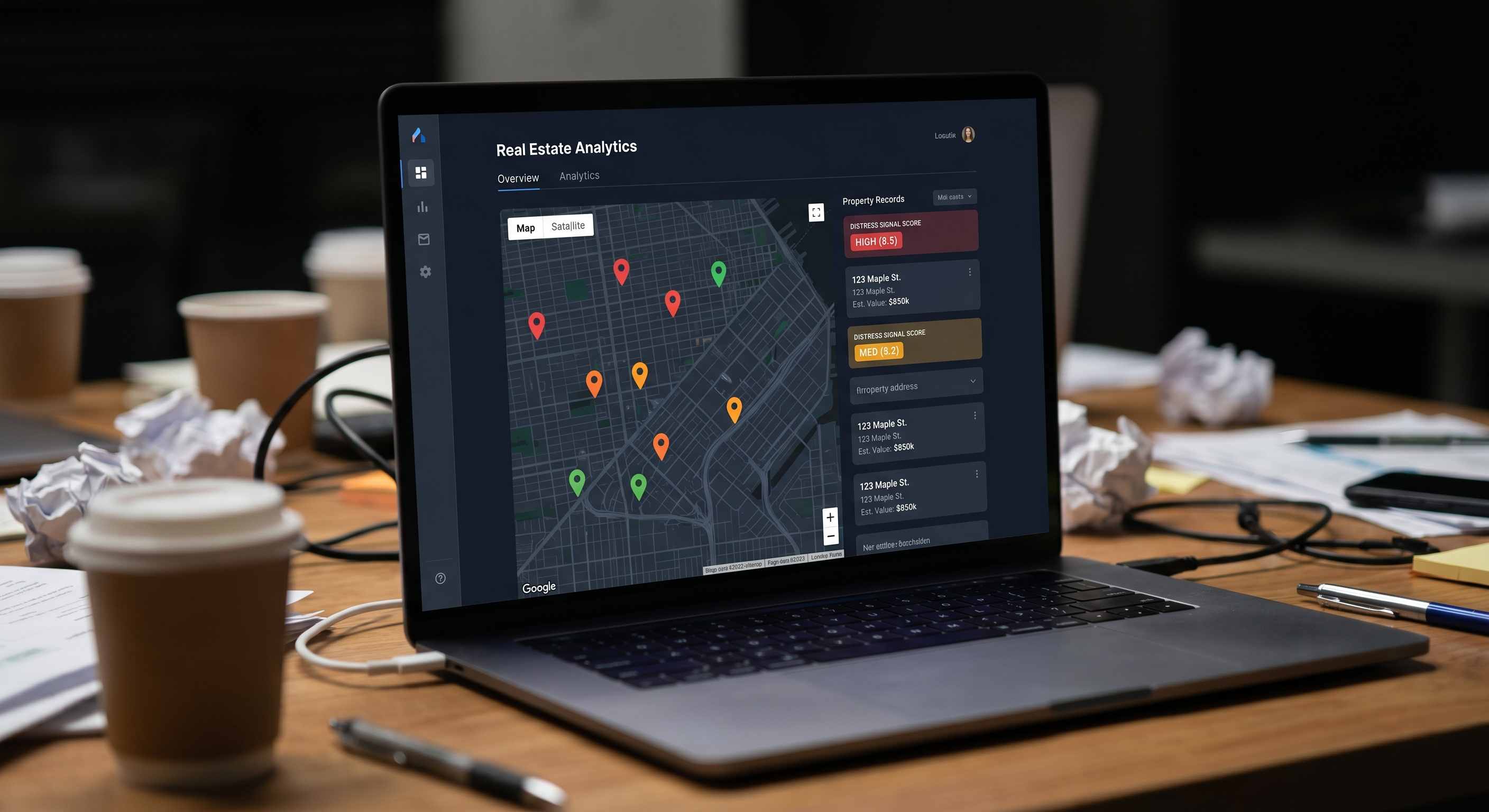 Modern analytics dashboard on a laptop screen showing distressed property map with location pins, distress signal scores, and property data cards