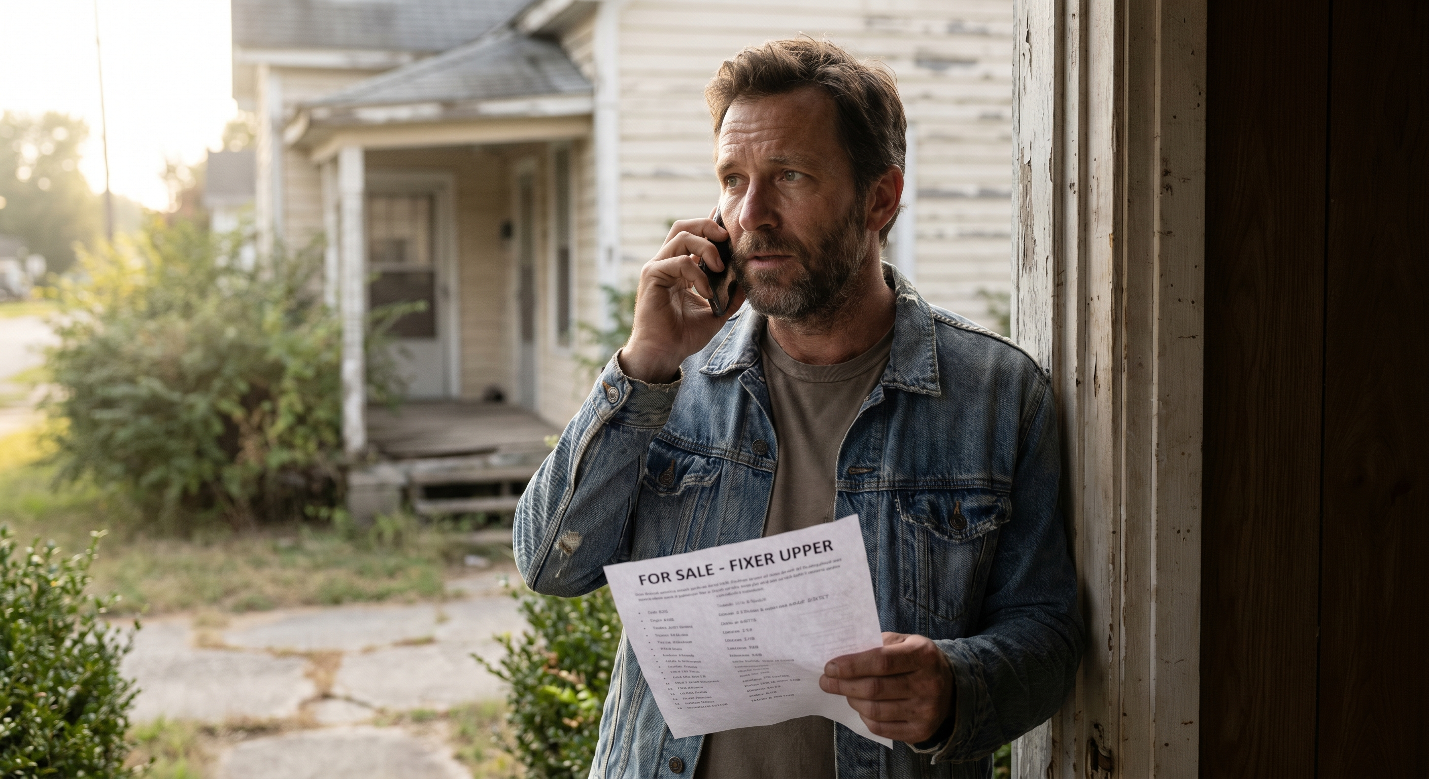 Real estate investor reviewing REO property documents while standing at a property's exterior doorway, talking on a phone with a modest older home in the background
