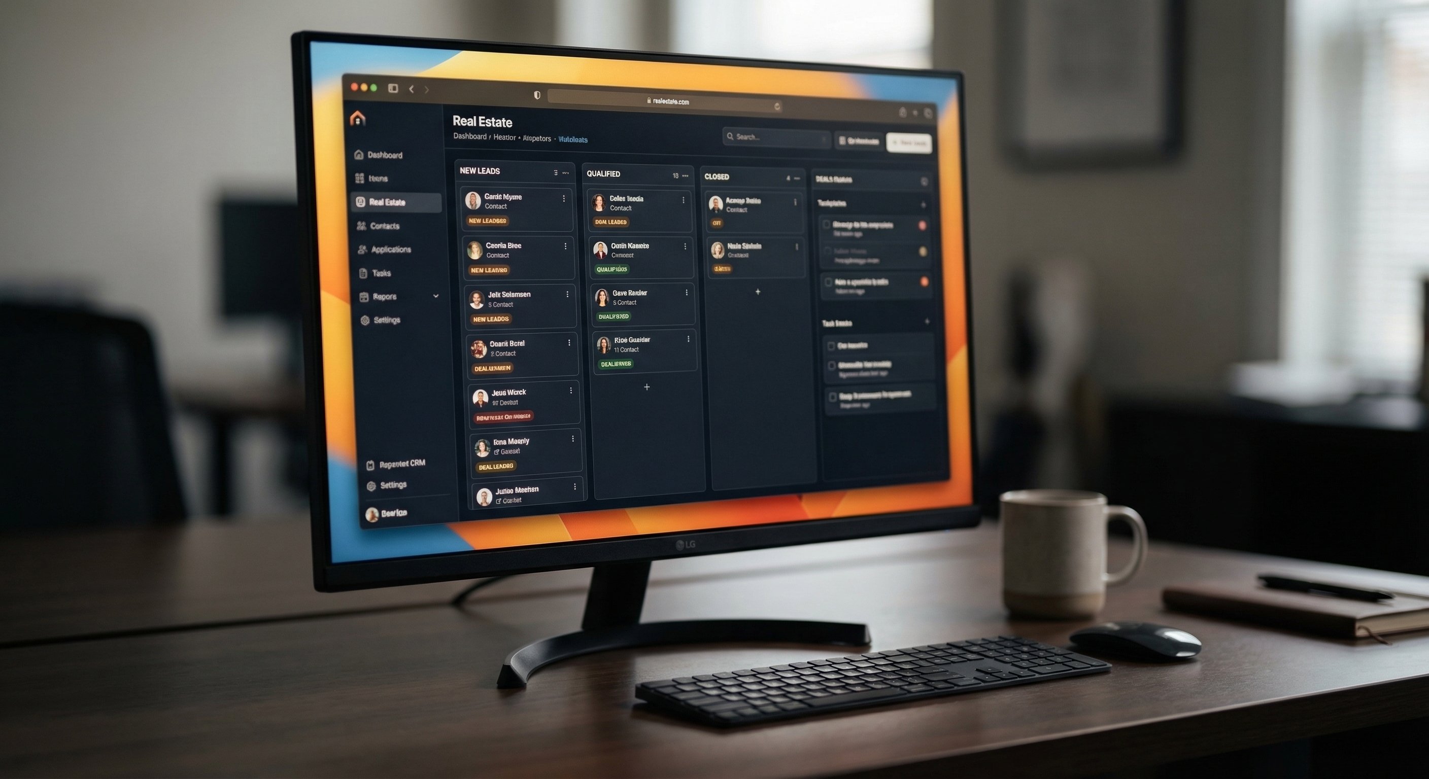 Modern CRM dashboard on monitor showing real estate lead pipeline