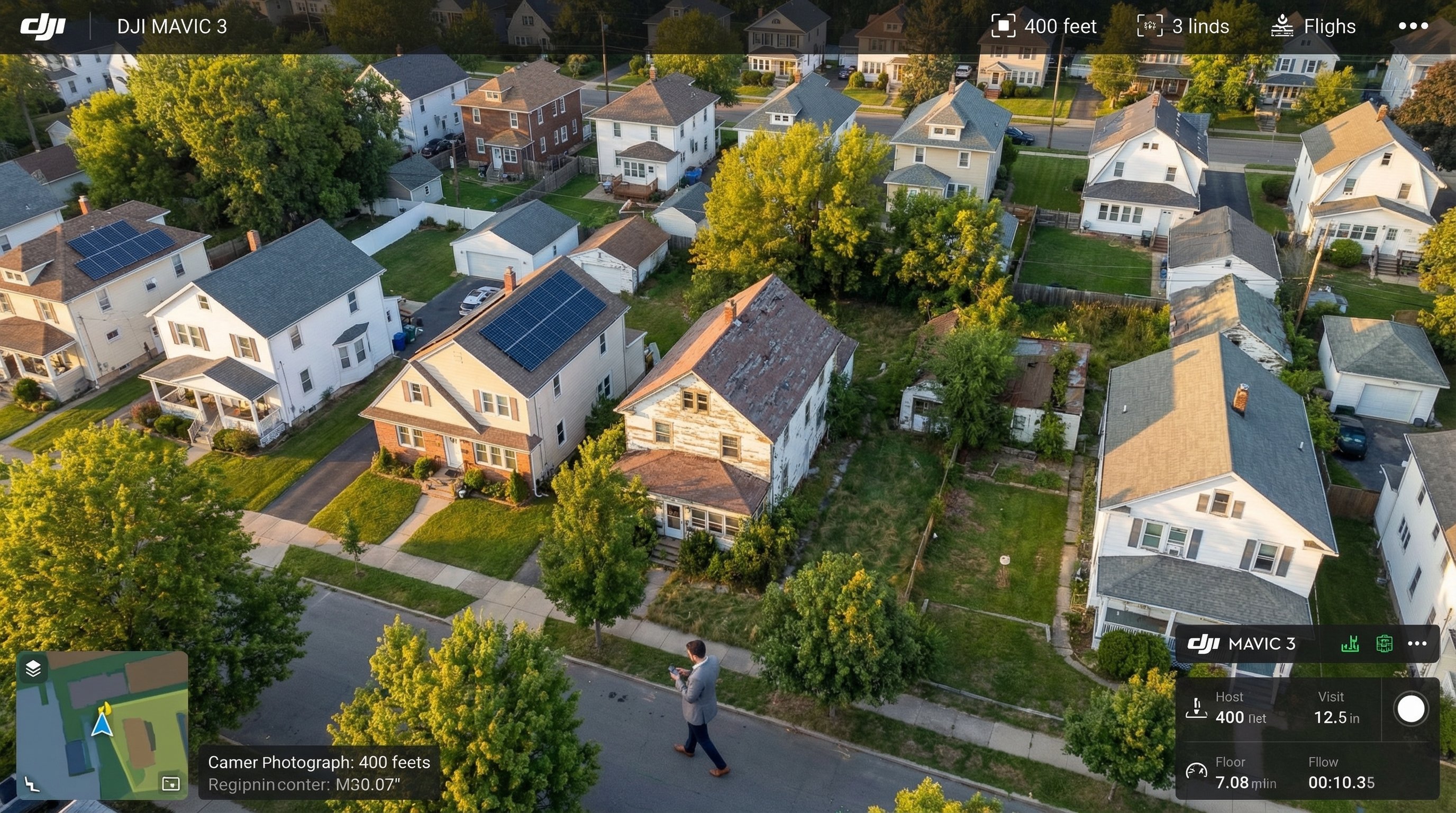 Aerial view of suburban neighborhood with investor walking