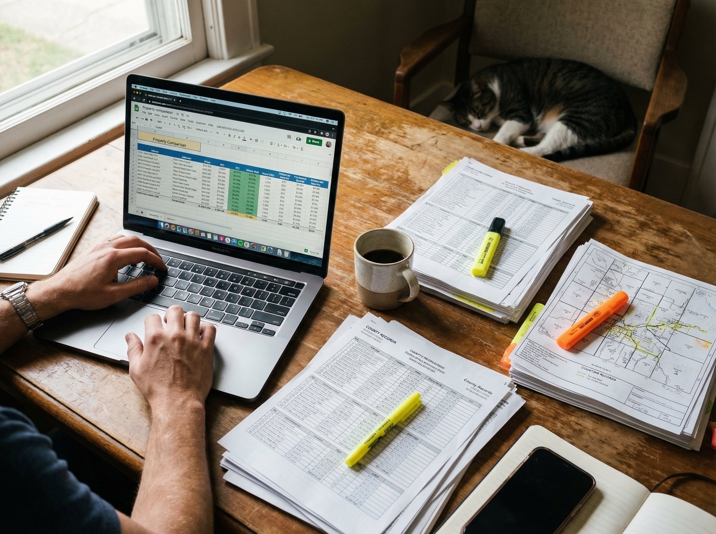 Real estate investor workspace with laptop and county records