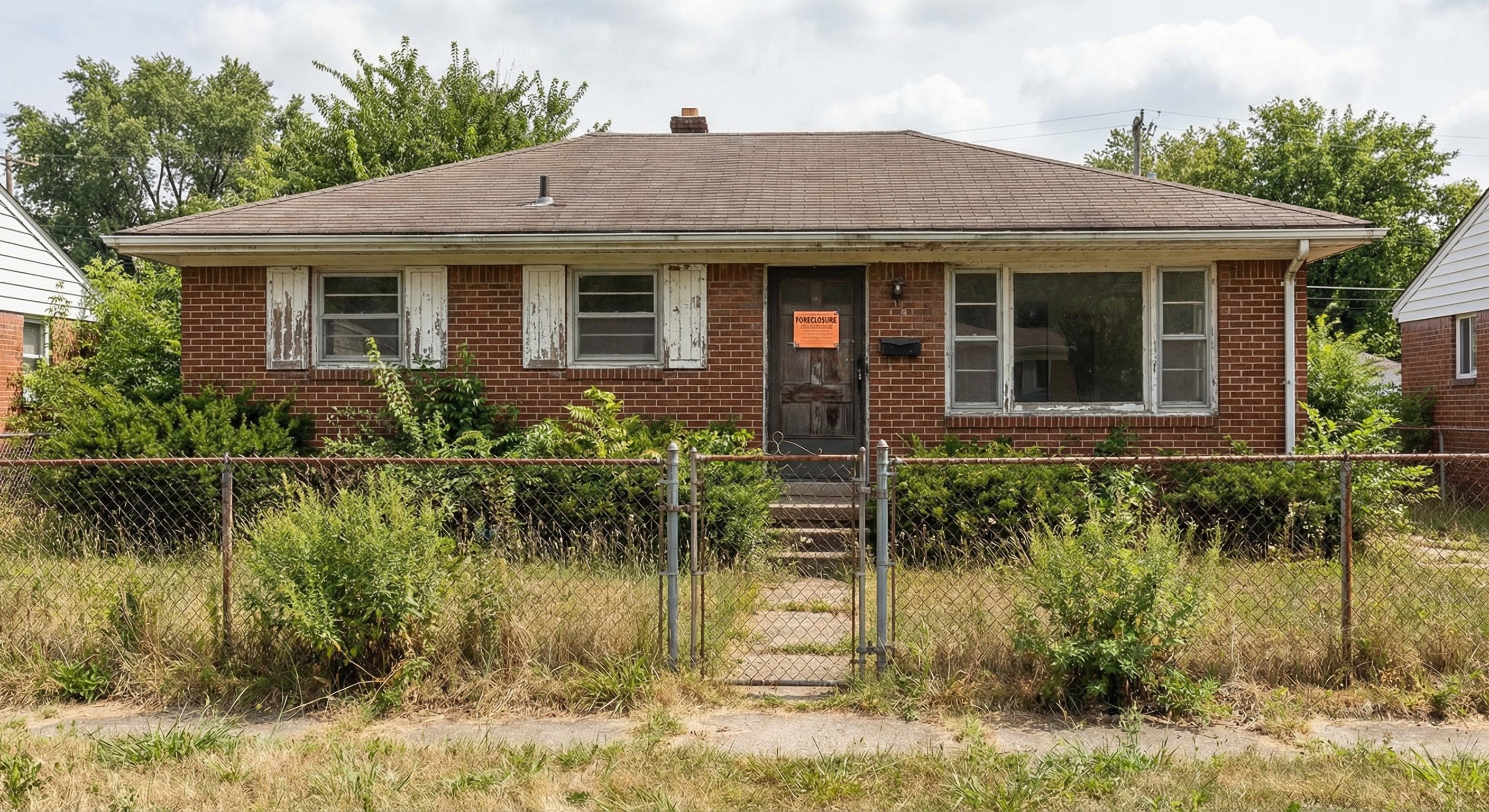 Distressed brick ranch home with foreclosure notice on the door