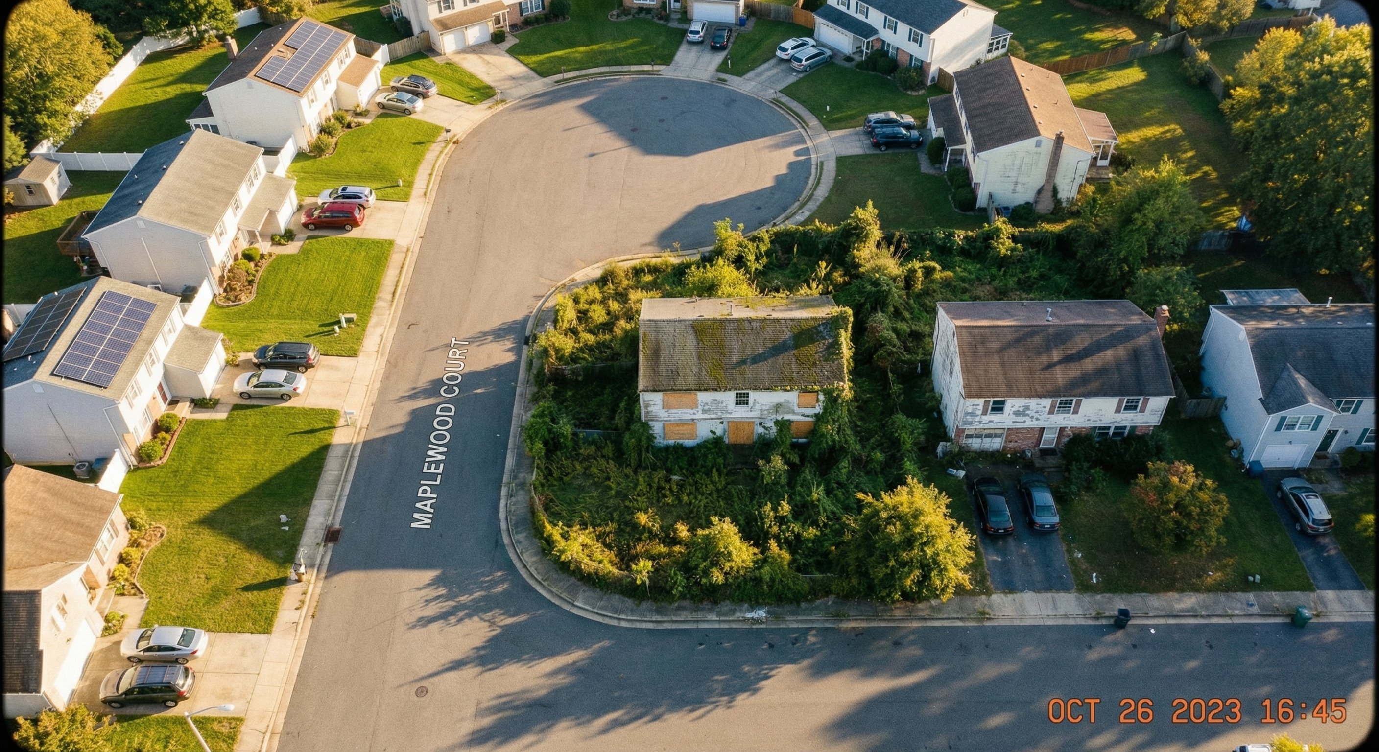 Aerial view of suburban cul-de-sac with neglected and well-maintained properties