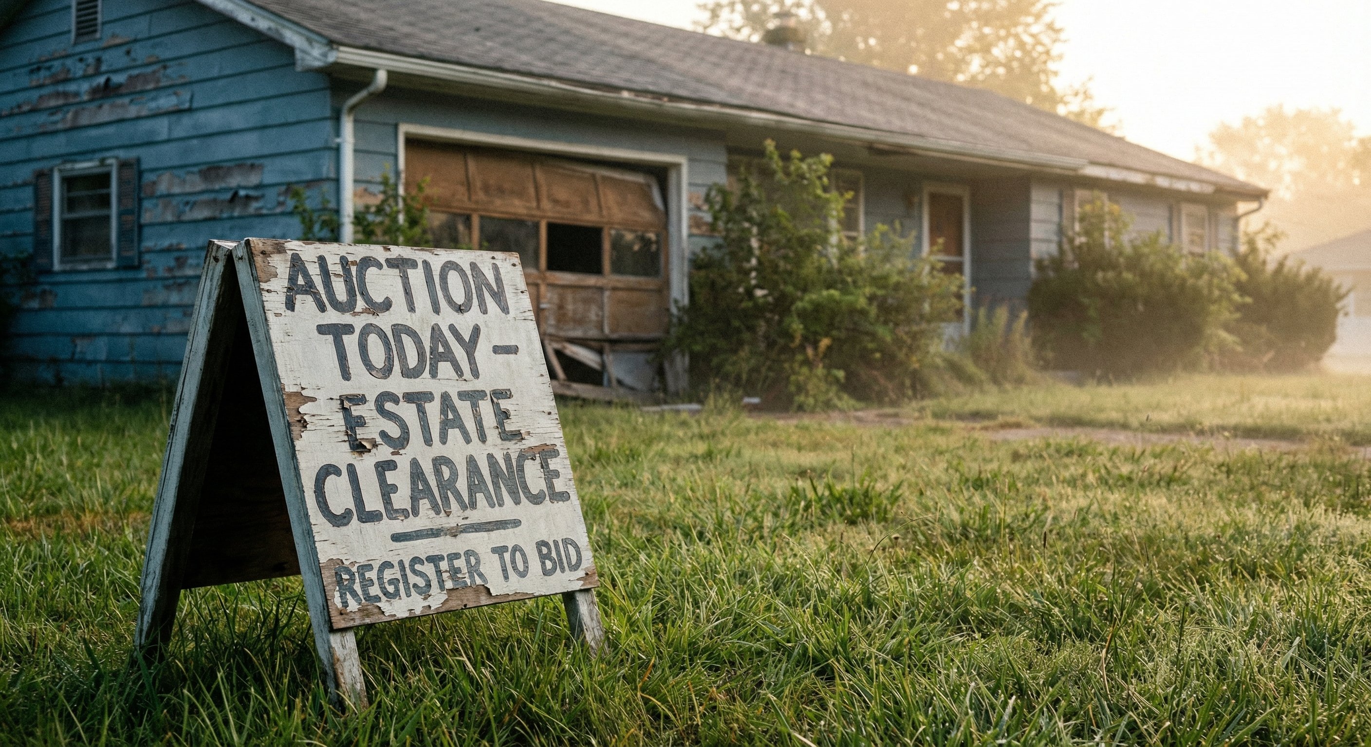 Auction placard sign in front of a vacant distressed property