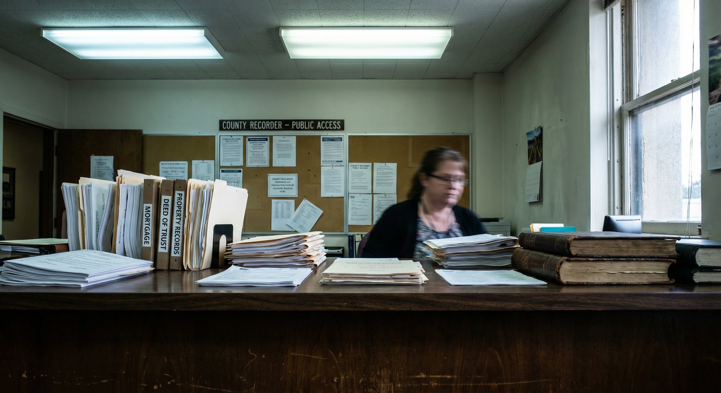 County recorder documents and mortgage paperwork spread on a desk