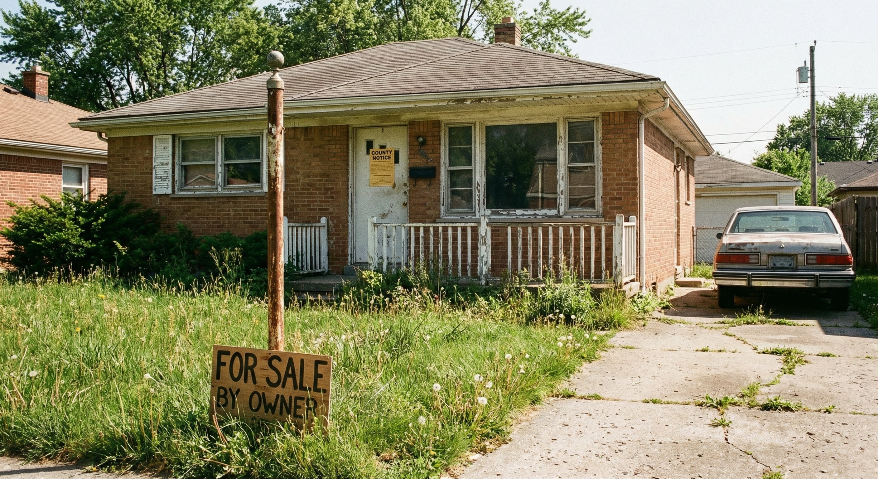 Pre-foreclosure property with notice on door and overgrown yard