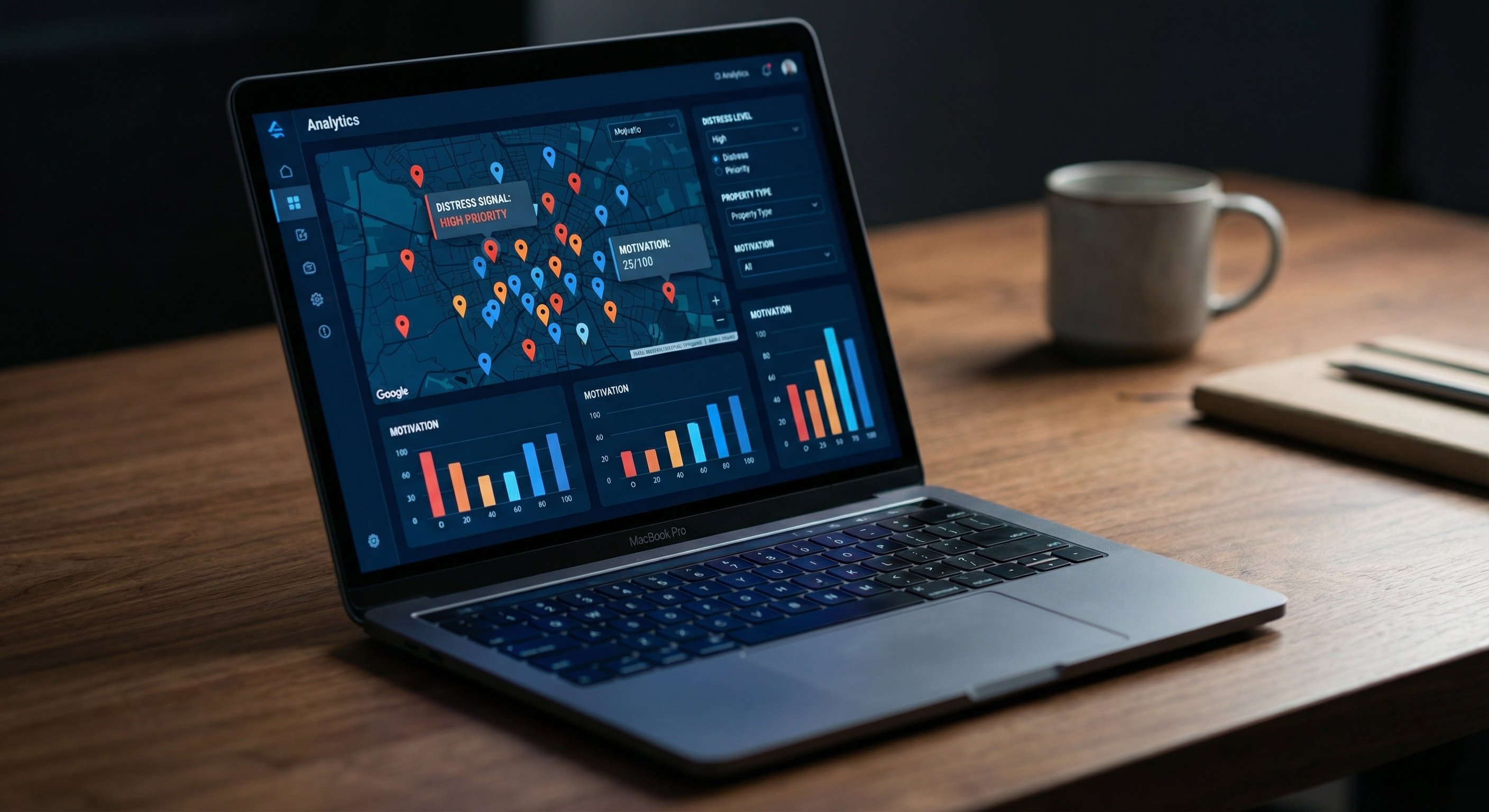 DistressIQ property dashboard showing distressed signal pins and motivation scores on a map