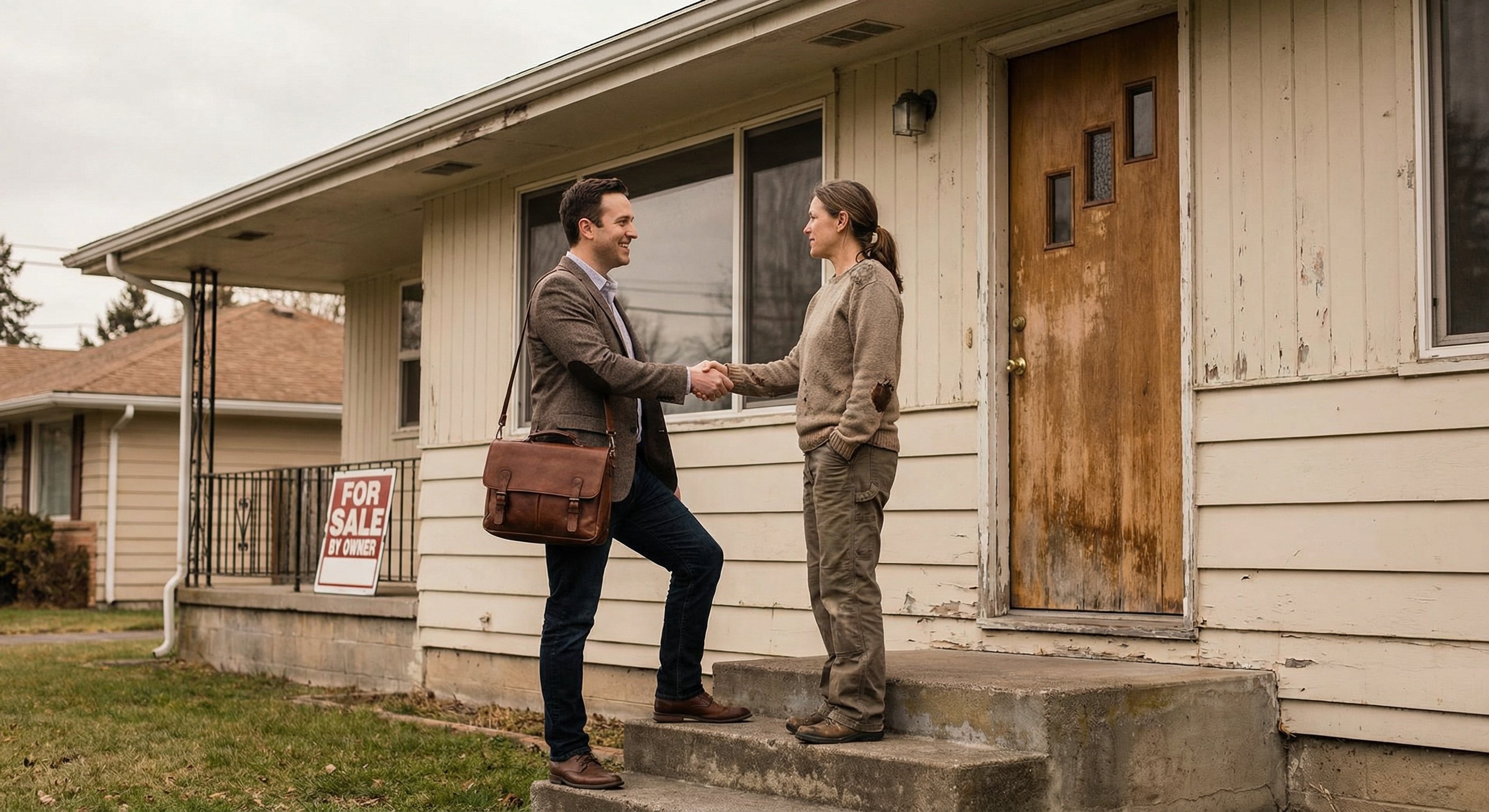 Real estate investor and homeowner handshake at property steps
