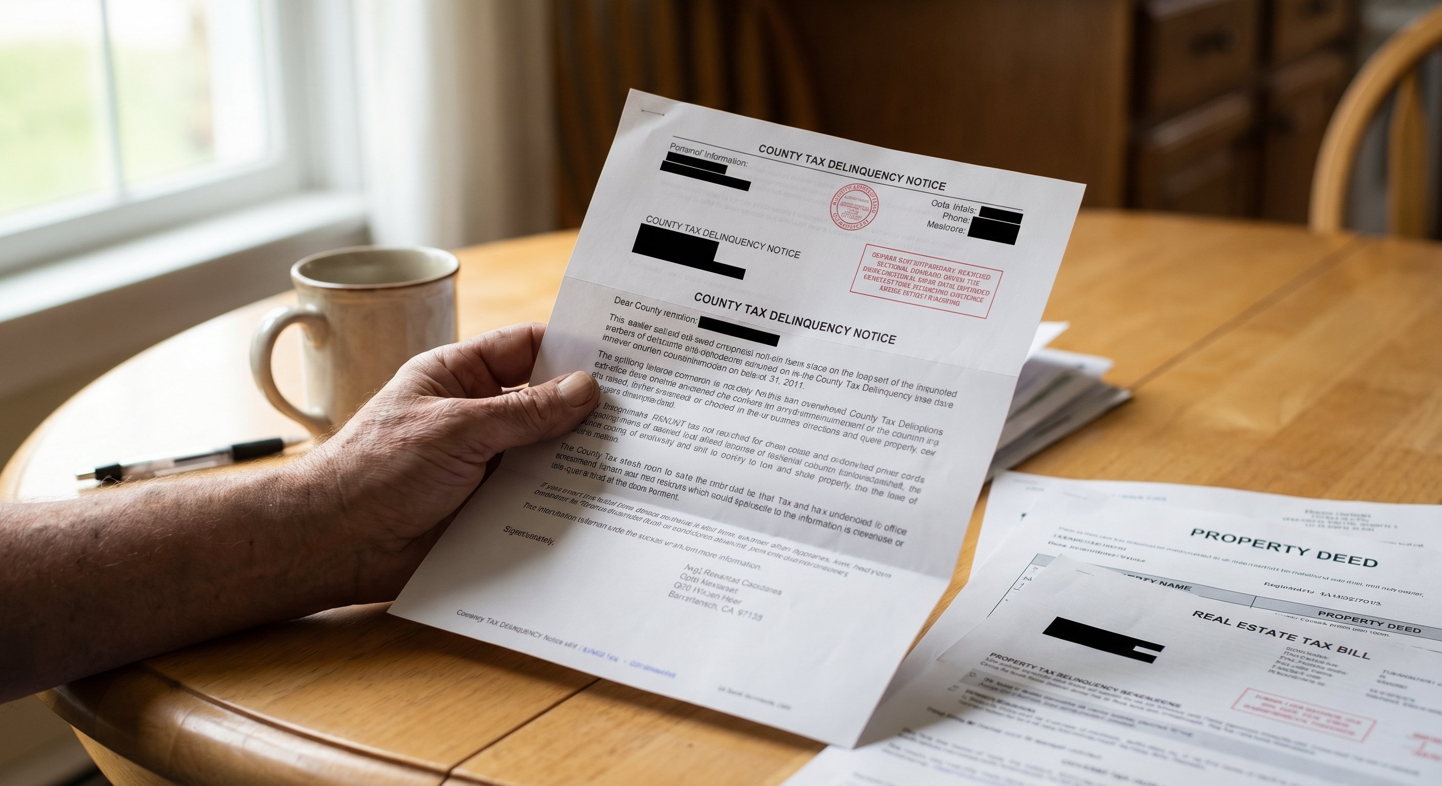A close-up of a county tax delinquency notice on a kitchen table with property documents scattered in the background.