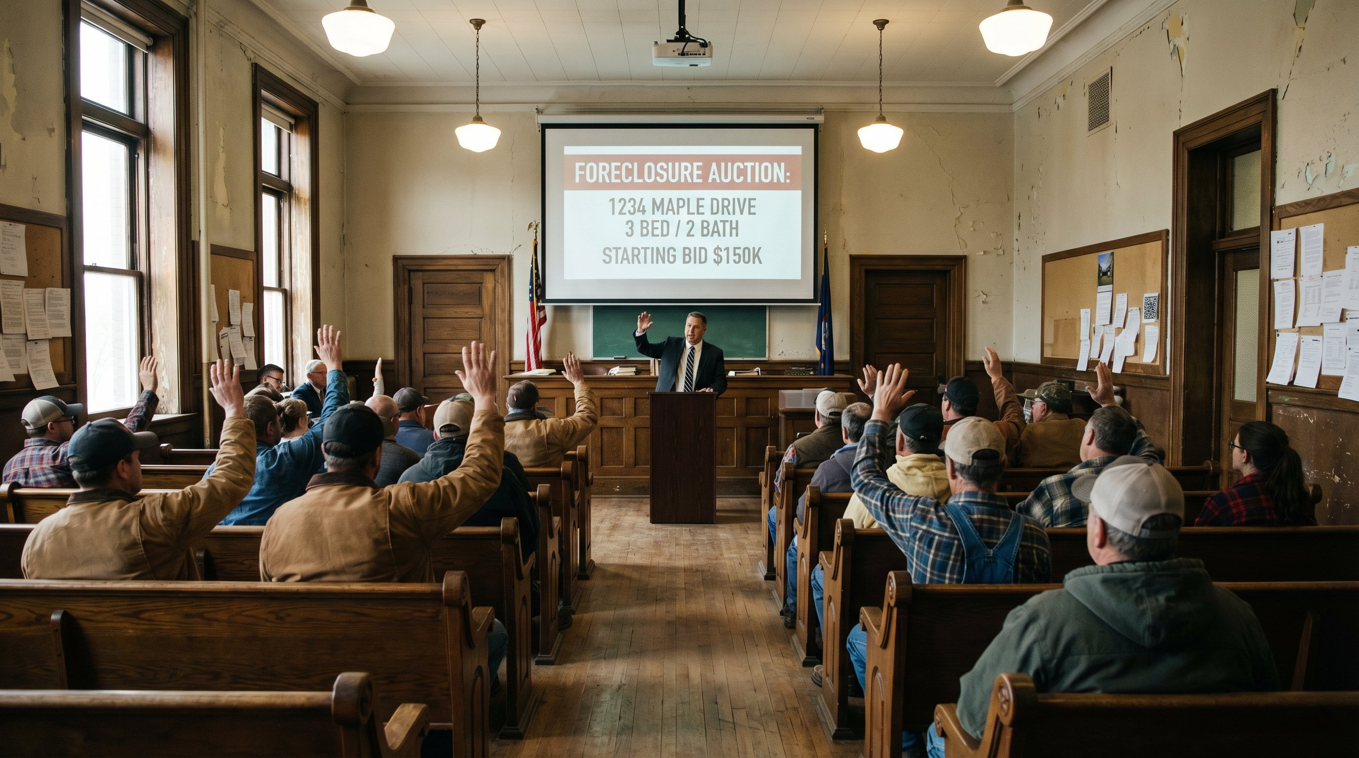 A county courthouse auction room with bidders seated, an auctioneer at a podium, and a property listing projected on screen.