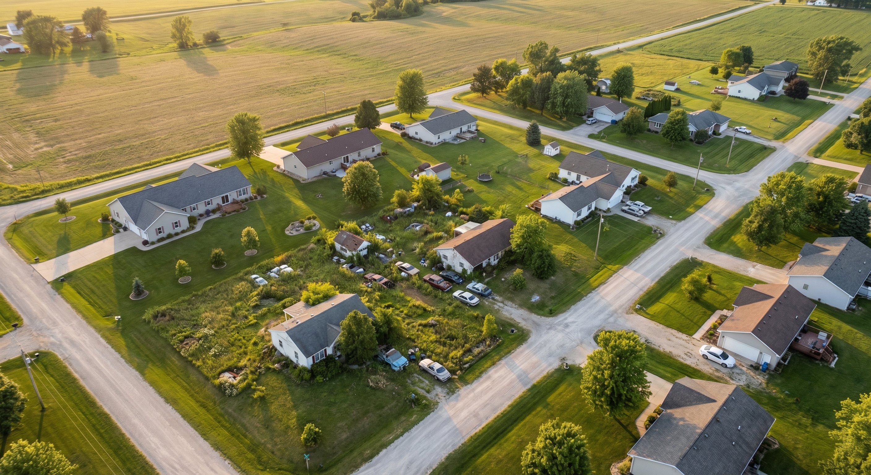 An aerial view of a neighborhood with a few neglected, overgrown properties sitting among well-maintained homes.