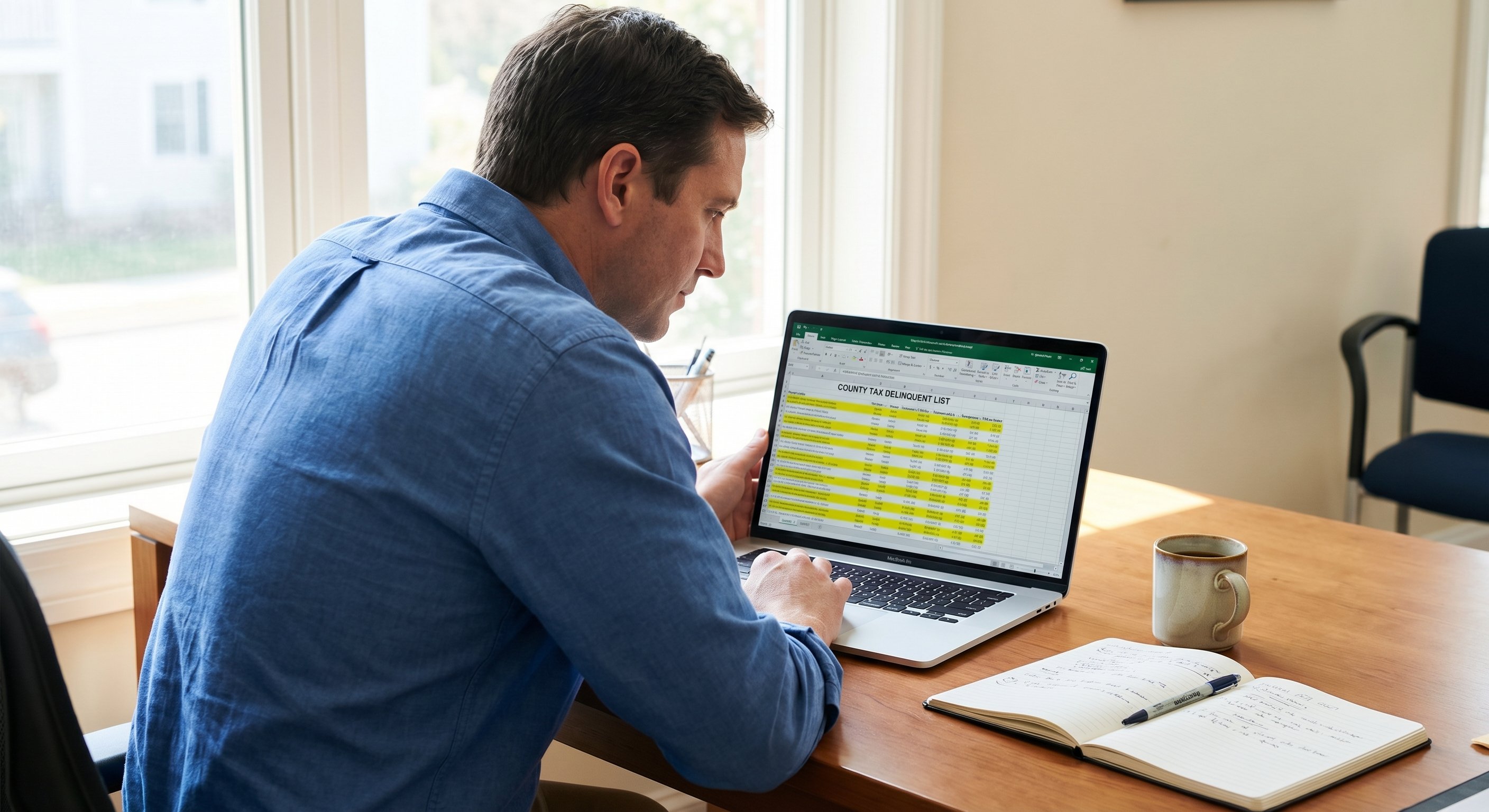 A real estate investor at a desk reviewing a county tax delinquent list on a laptop, with a notebook and coffee nearby.