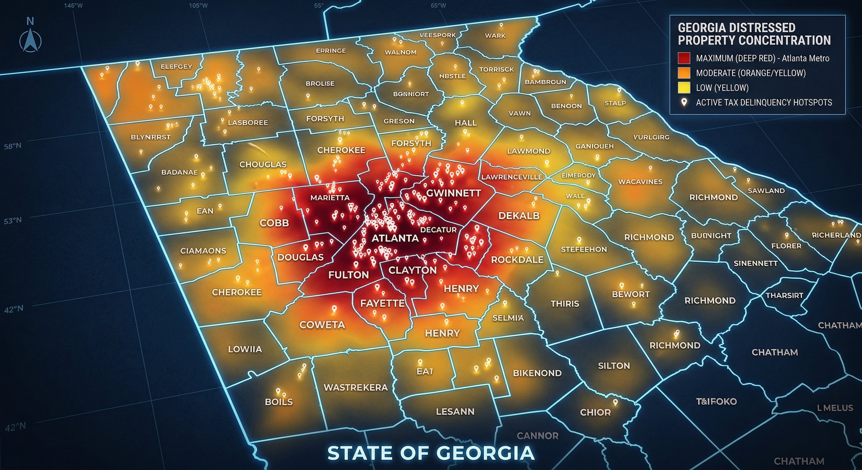 Georgia county map showing tax delinquent property concentration across Atlanta metro and surrounding regions