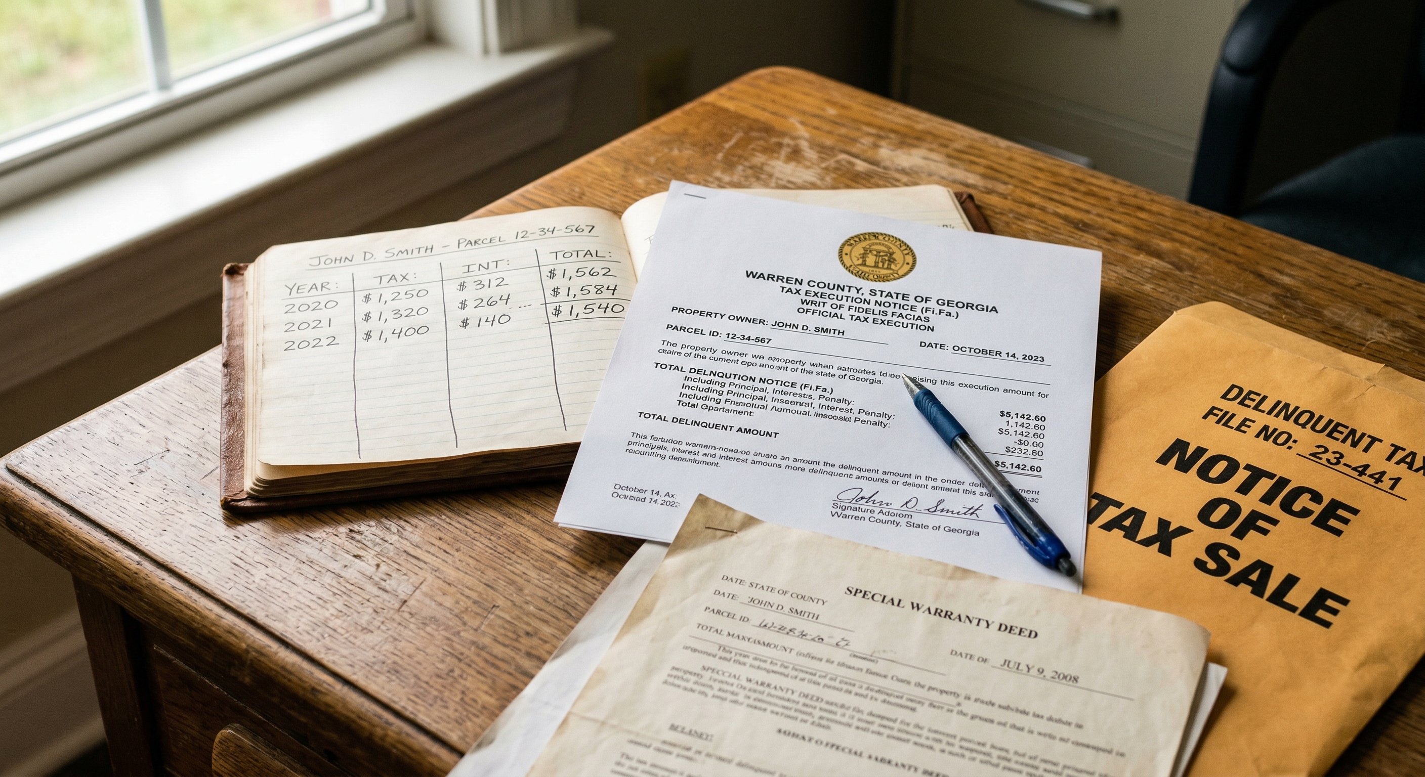 Tax delinquent property records and county tax execution documents spread on desk showing the manual research process