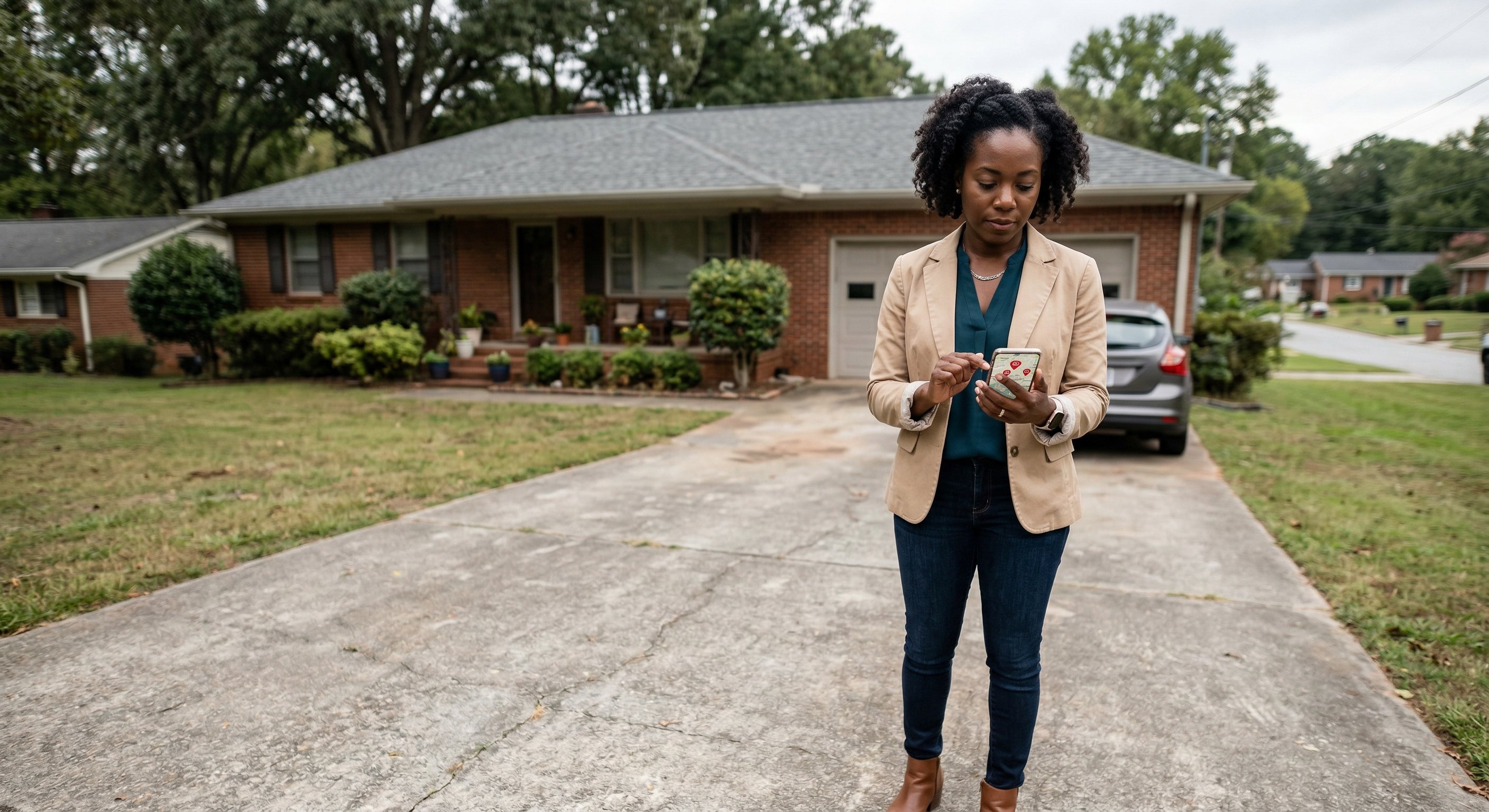 Real estate investor reviewing distressed property leads on smartphone while standing at a potential acquisition property in an Atlanta suburb