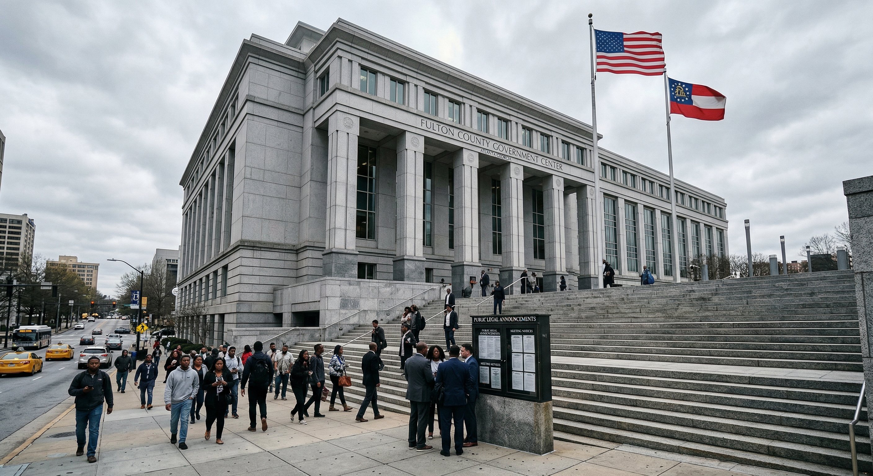 Fulton County courthouse exterior in Atlanta, where tax sale auctions are held on courthouse steps monthly