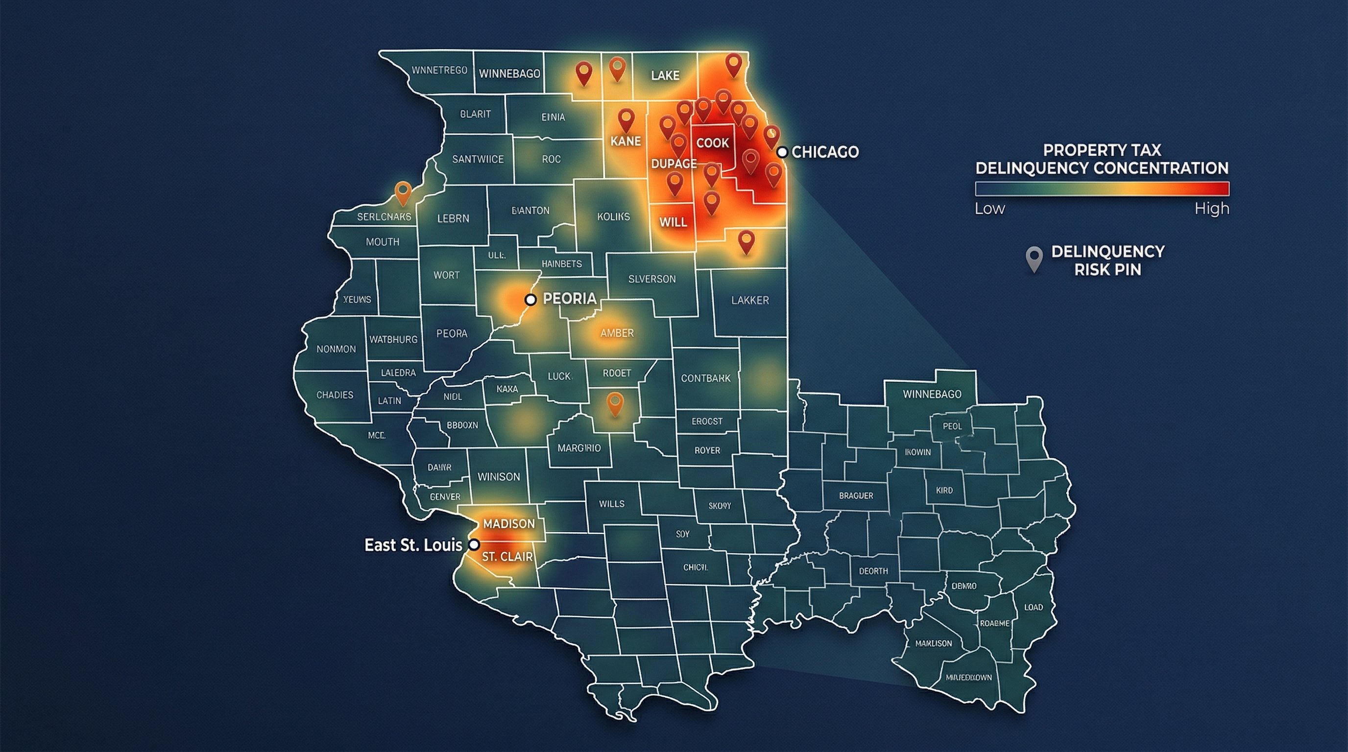 Illinois county map showing tax delinquent property concentration with heat overlay across Cook, DuPage, and downstate counties