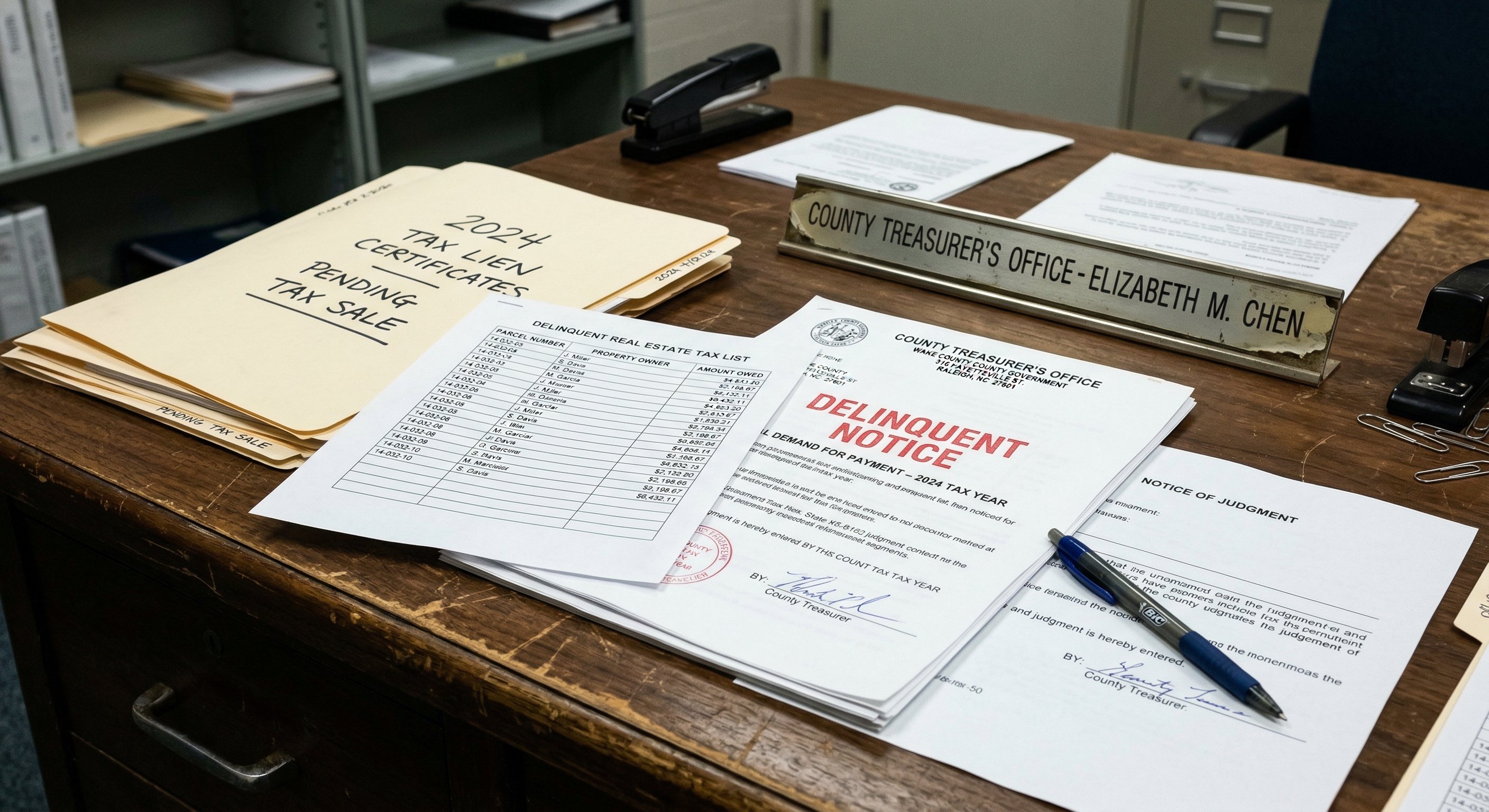 Property tax lien documents and delinquent tax notices spread across a county assessor's desk with legal folders and a Cook County seal visible